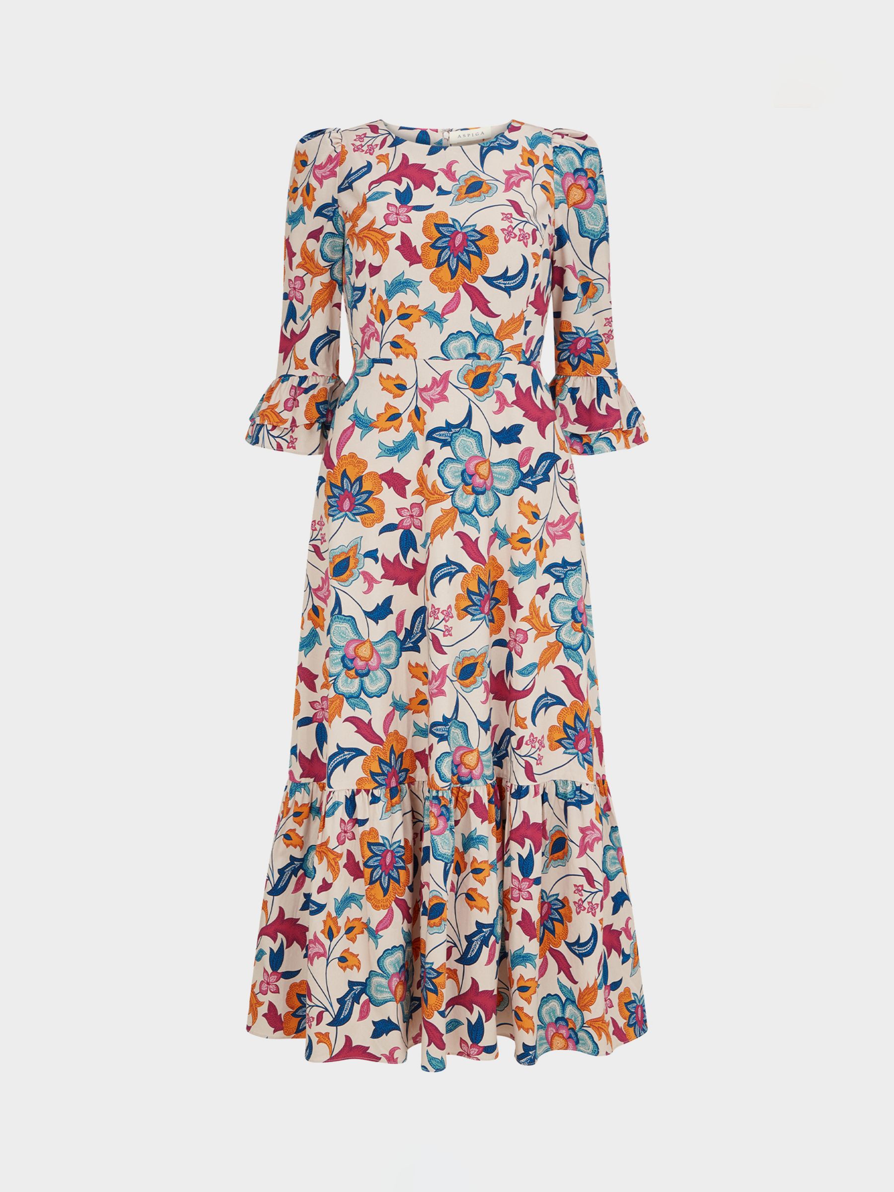 Aspiga Victoria Floral Print Midi Dress, White/Multi at John Lewis ...