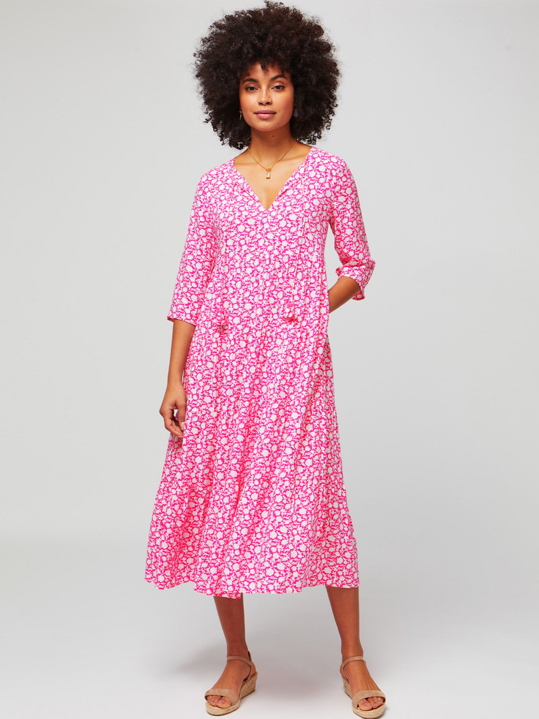 Aspiga Emma Floral Print Midi Dress, Bright Pink at John Lewis & Partners
