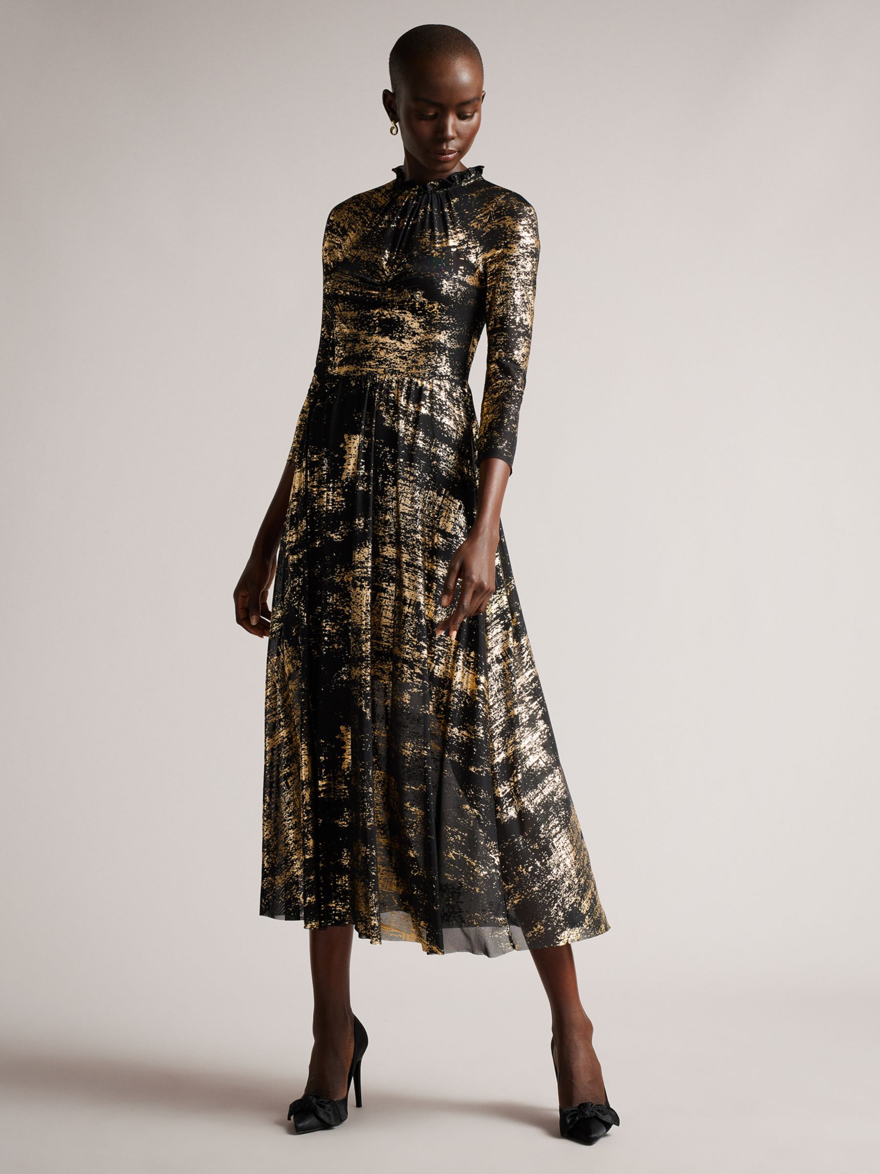 Ted Baker Iggiey Metallic Midi Dress, Black/Gold