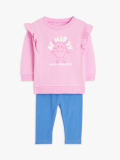 John Lewis ANYDAY Baby Be Happy Monsters Sweatshirt & Leggings Set, Pink/Blue, 3-6 months