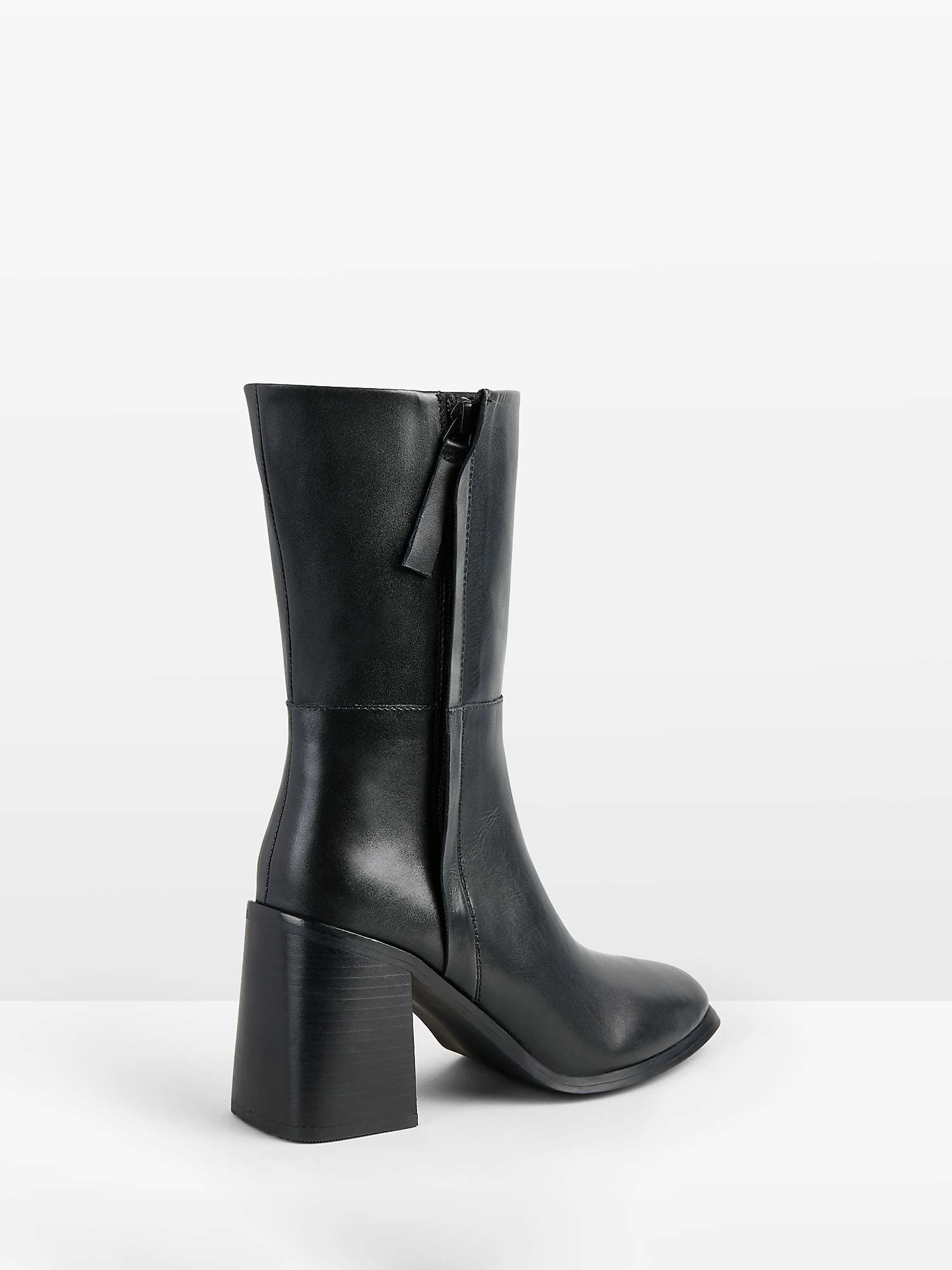 HUSH Finch Leather Chunky Heel Calf Boots, Black at John Lewis & Partners