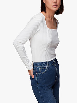 Whistles Square Neck Long Sleeve Ribbed Top, White