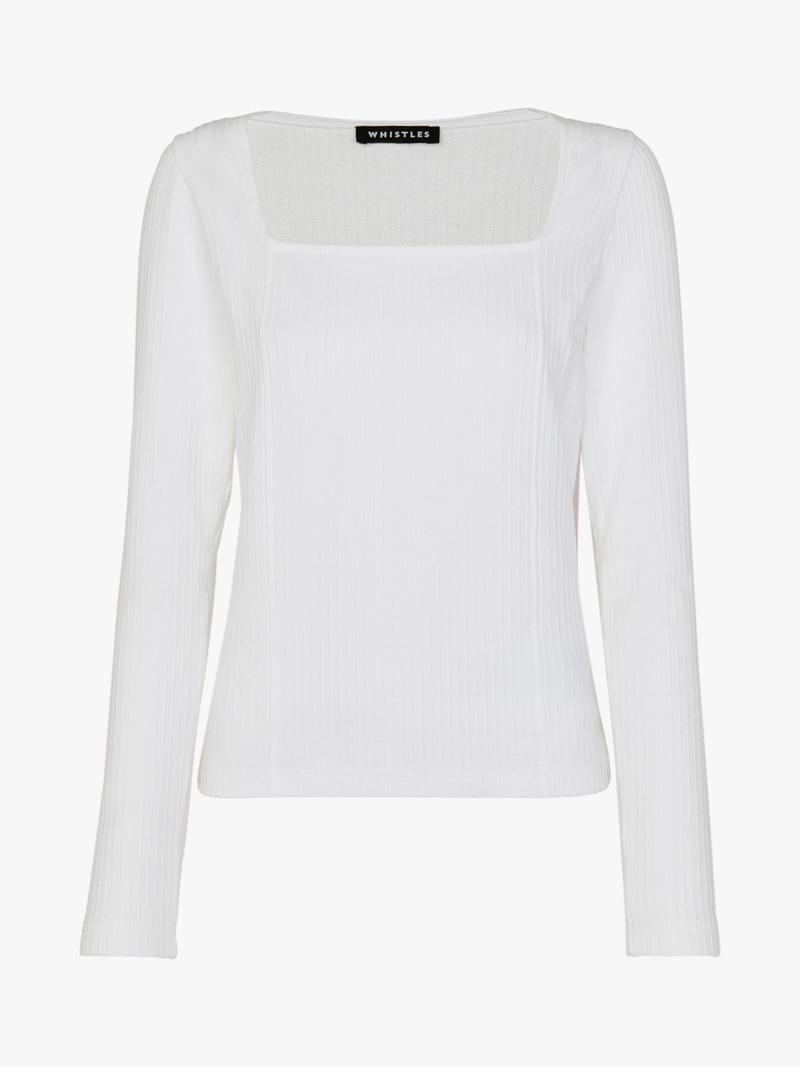 Whistles Square Neck Long Sleeve Ribbed Top, White at John Lewis & Partners