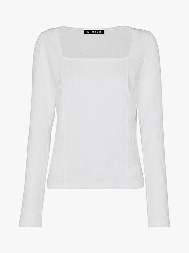 Whistles Square Neck Long Sleeve Ribbed Top, White at John Lewis & Partners