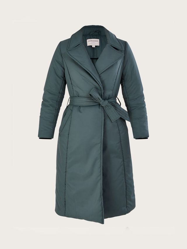 Monsoon Nina Padded Trench Coat, Green, S