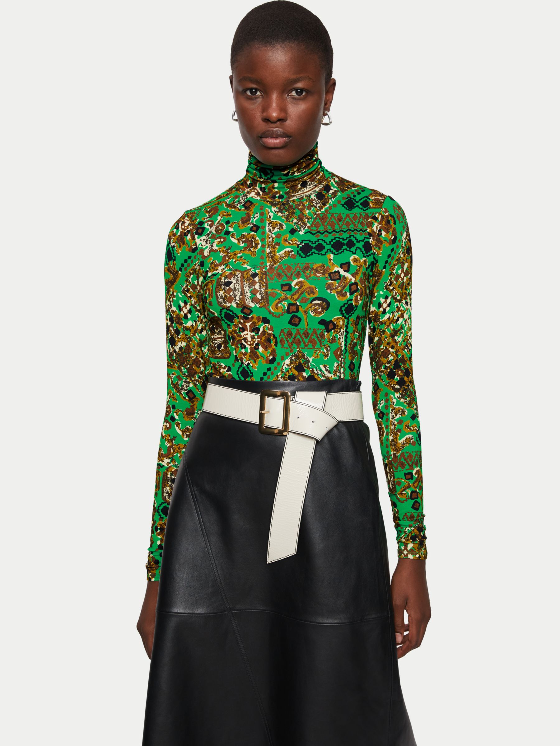 Jigsaw Baroque Arms Jersey Polo Neck Top, Green at John Lewis & Partners