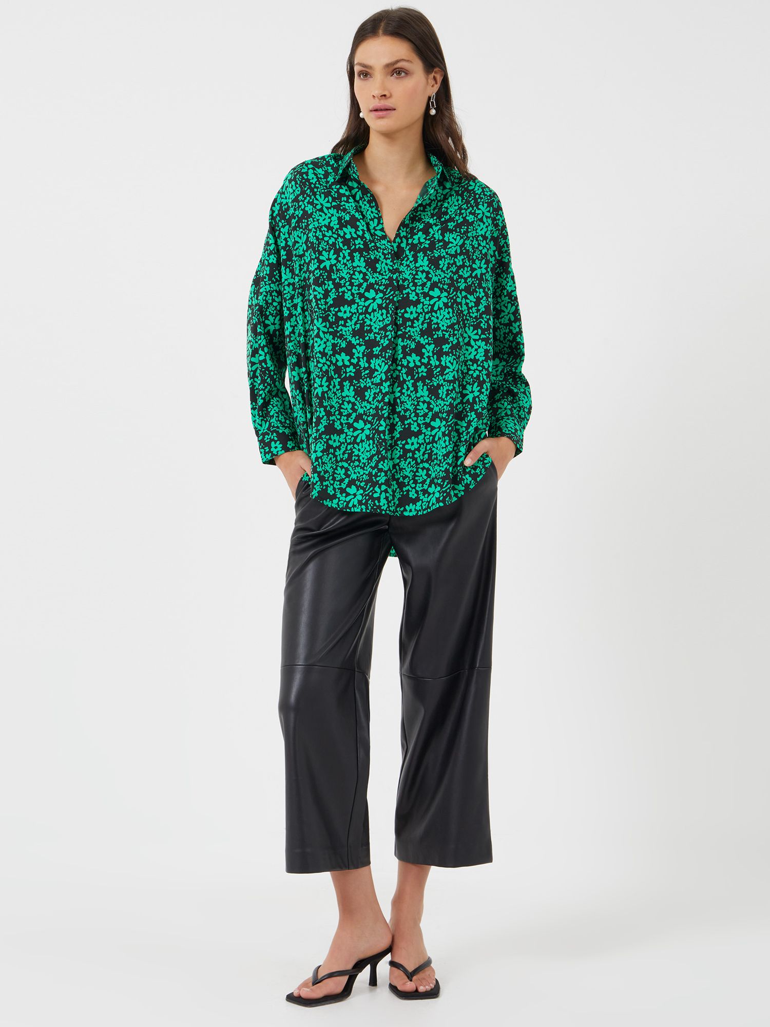 French Connection Floral Print Crepe Popover Shirt, Green/Black