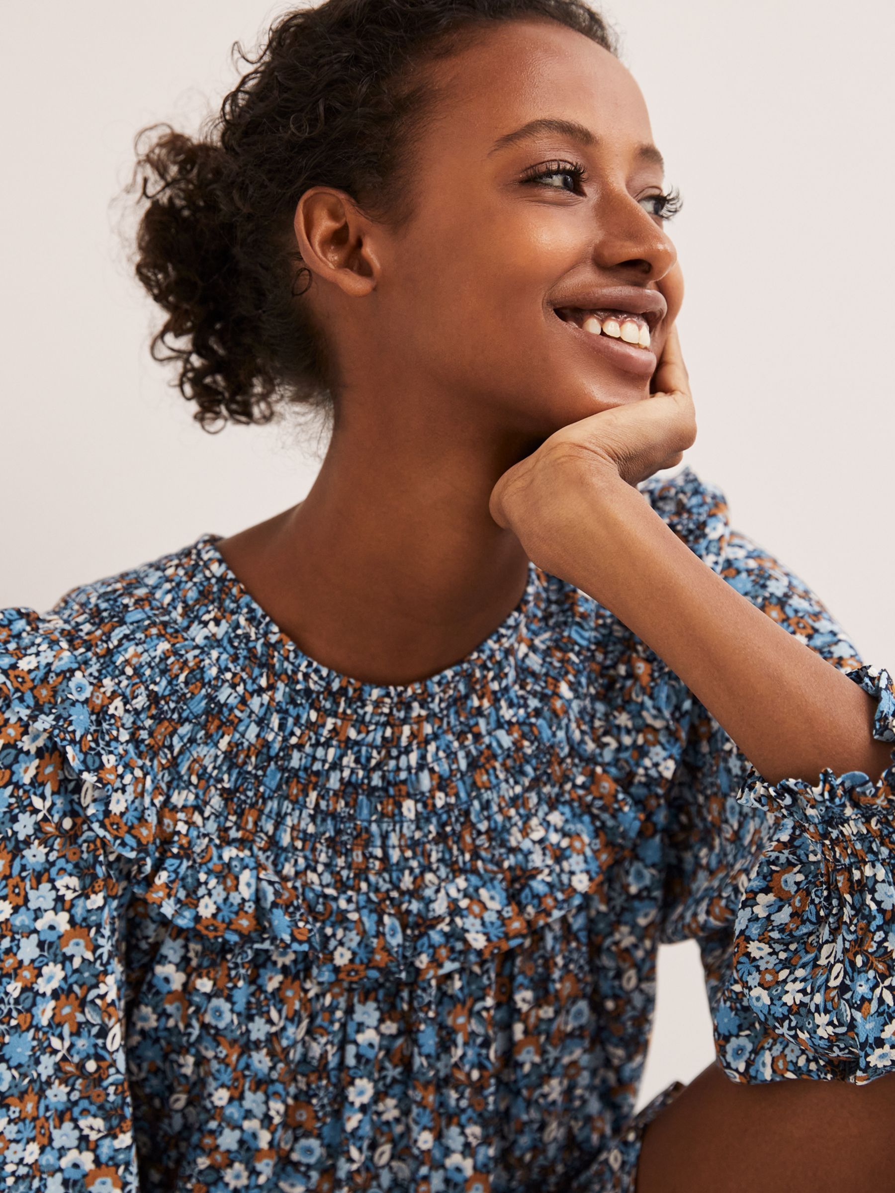 Boden Ditsy Floral Smocked Yoke Jersey Mini Dress, Riviera Blue, 8