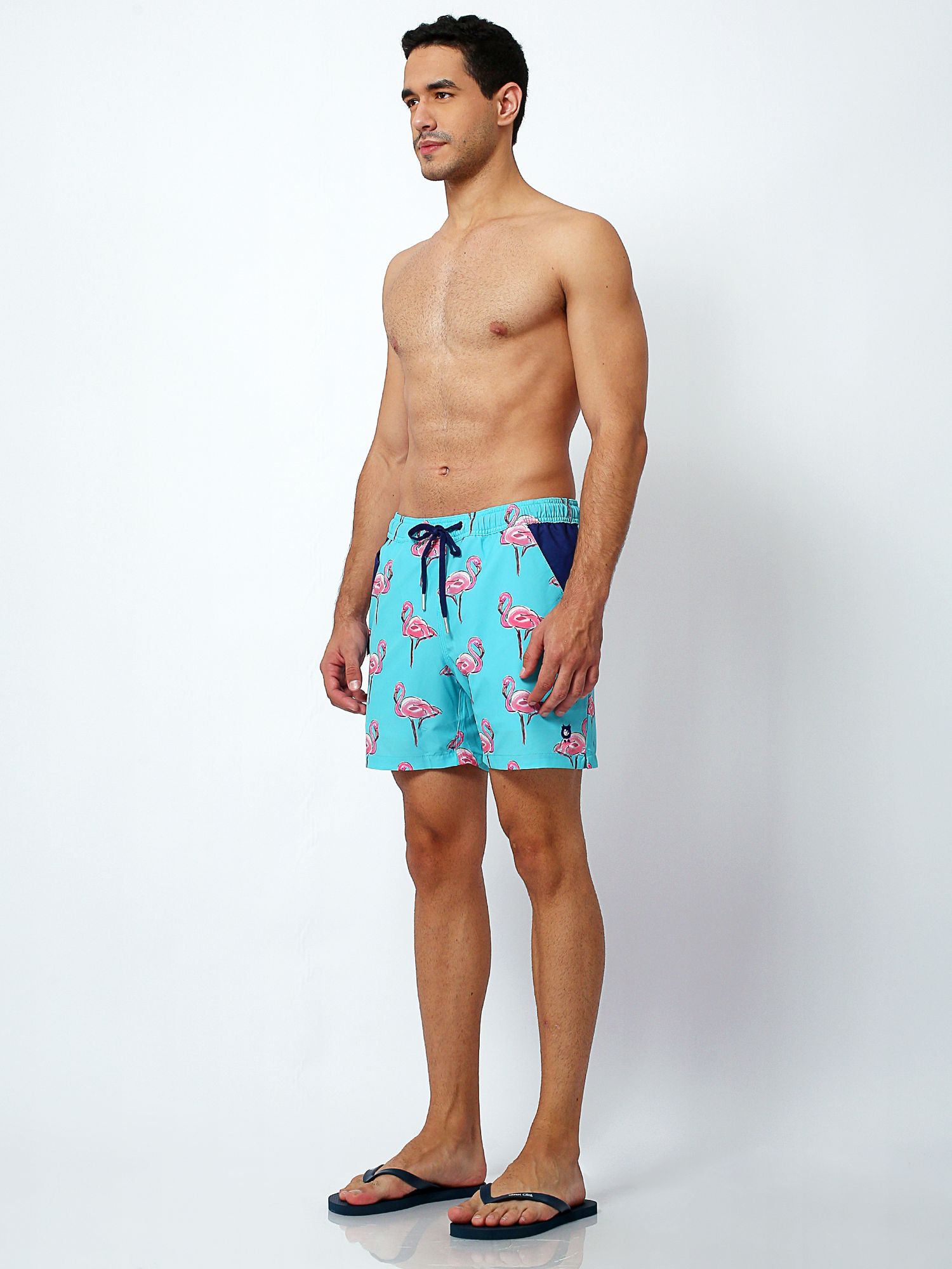 Randy Cow Flamingo Print Swim Shorts, Blue, XS