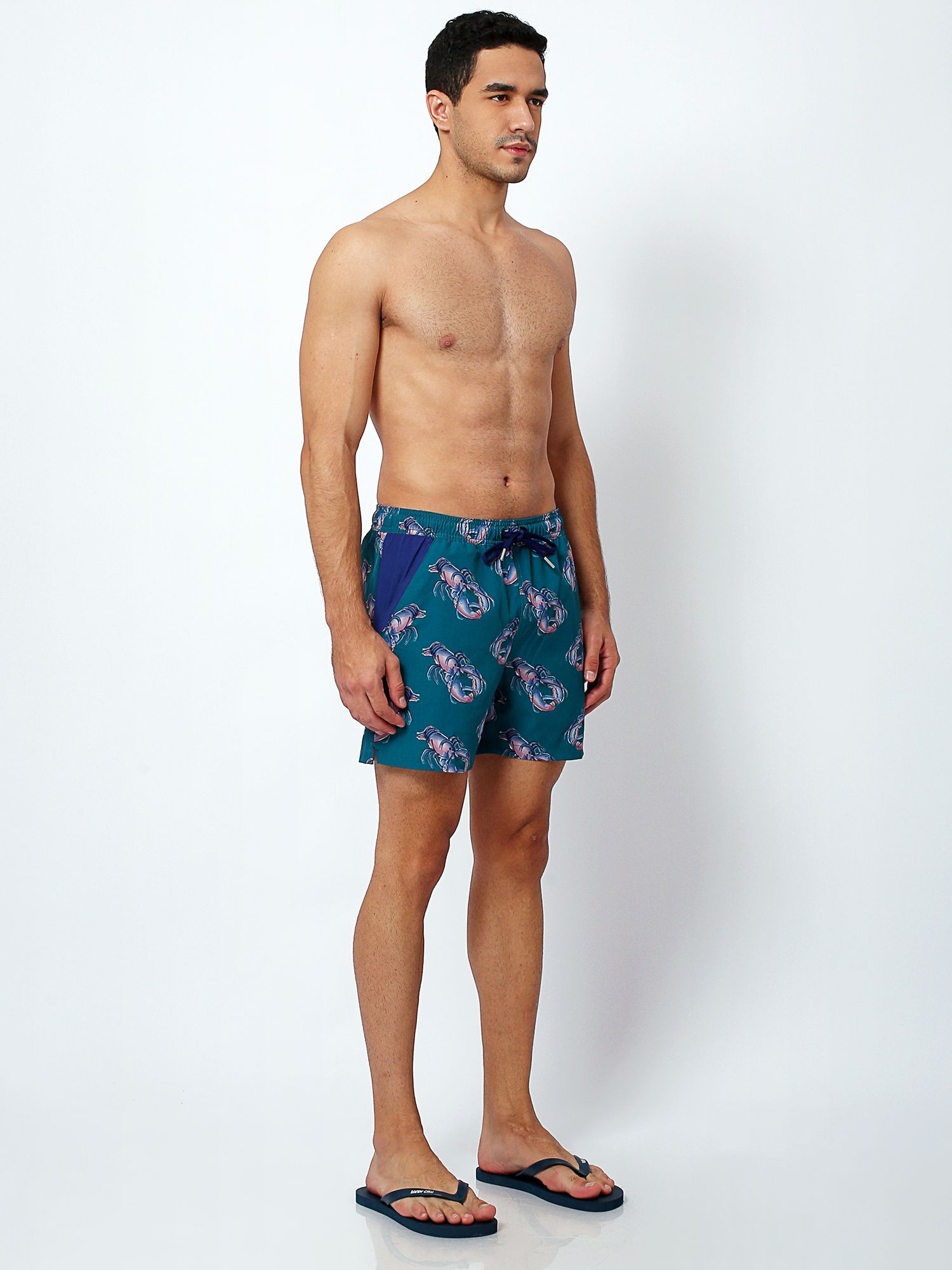 Randy Cow Lobster Print Swim Shorts, Green, XS