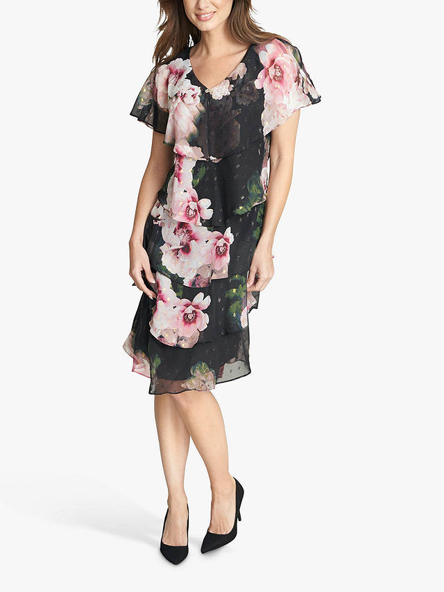 Gina Bacconi Olivie Floral Tiered Dress, Black/Multi