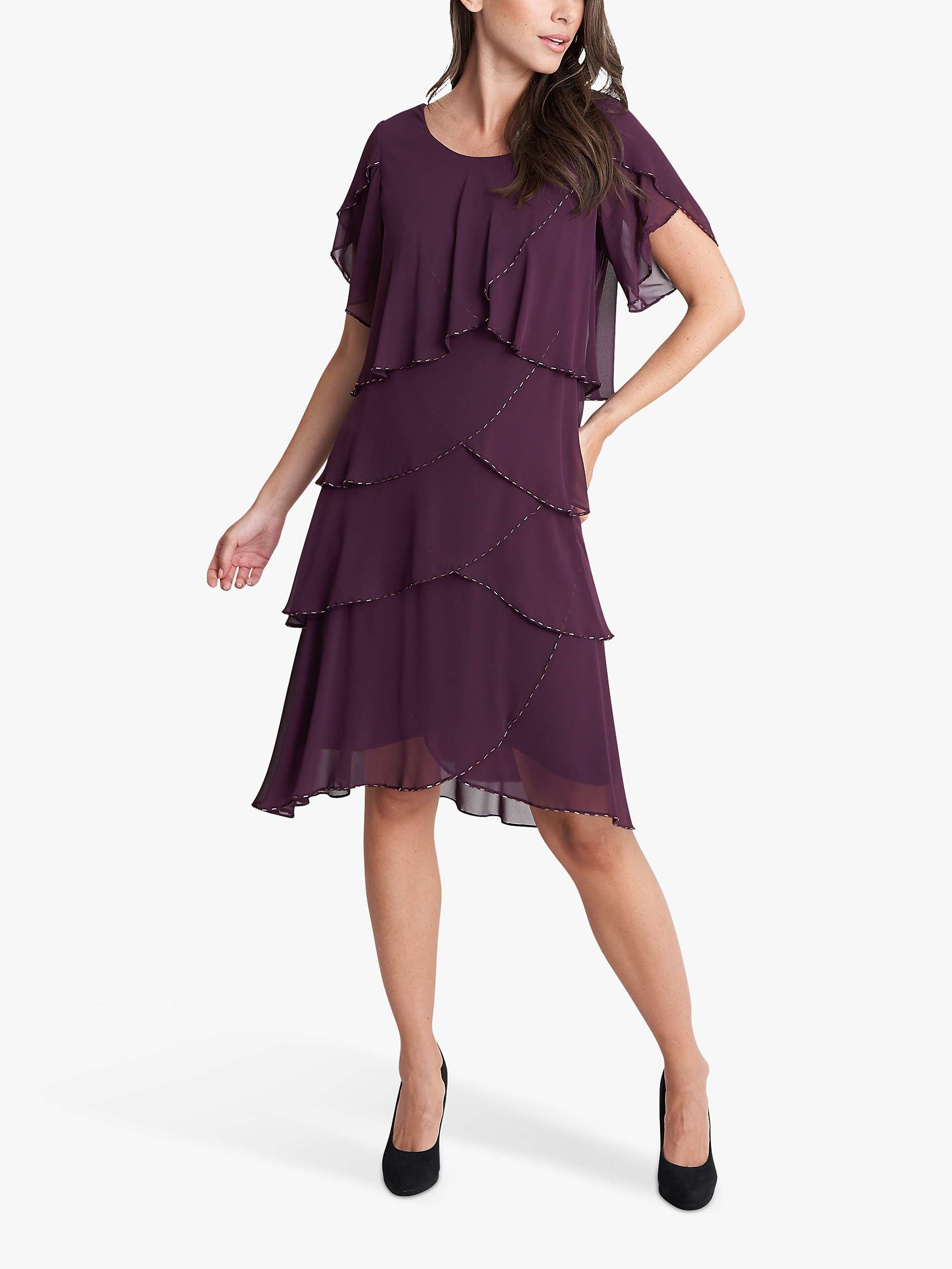 Buy Gina Bacconi Trysta Bugle Beaded Tiered Dress, Aubergine Online at johnlewis.com