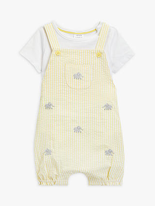 John Lewis Baby Bodysuit & Elephant Striped Short Dungaree Set, White/Yellow