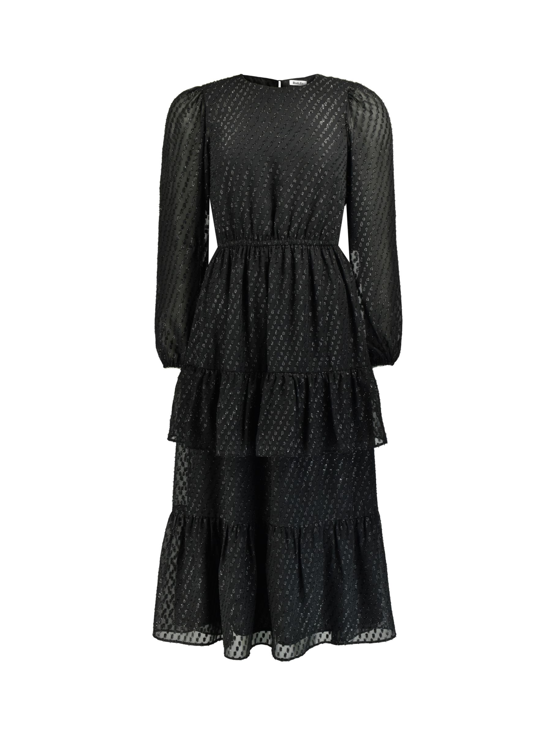 Ro&Zo Sparkly Clipped Chiffon Midi Tiered Dress, Black at John Lewis ...