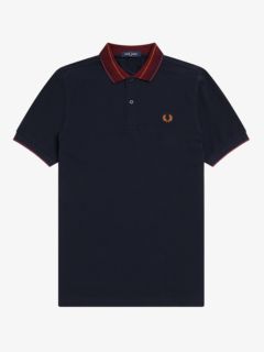 Fred Perry Striped Collar Short Sleeve Polo Top, Navy, S