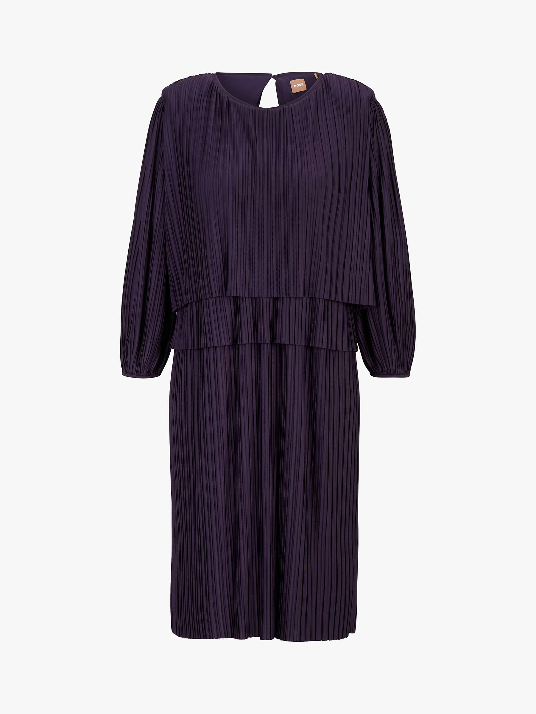 HUGO BOSS Emanis Pleated Dress, Dark Purple at John Lewis & Partners