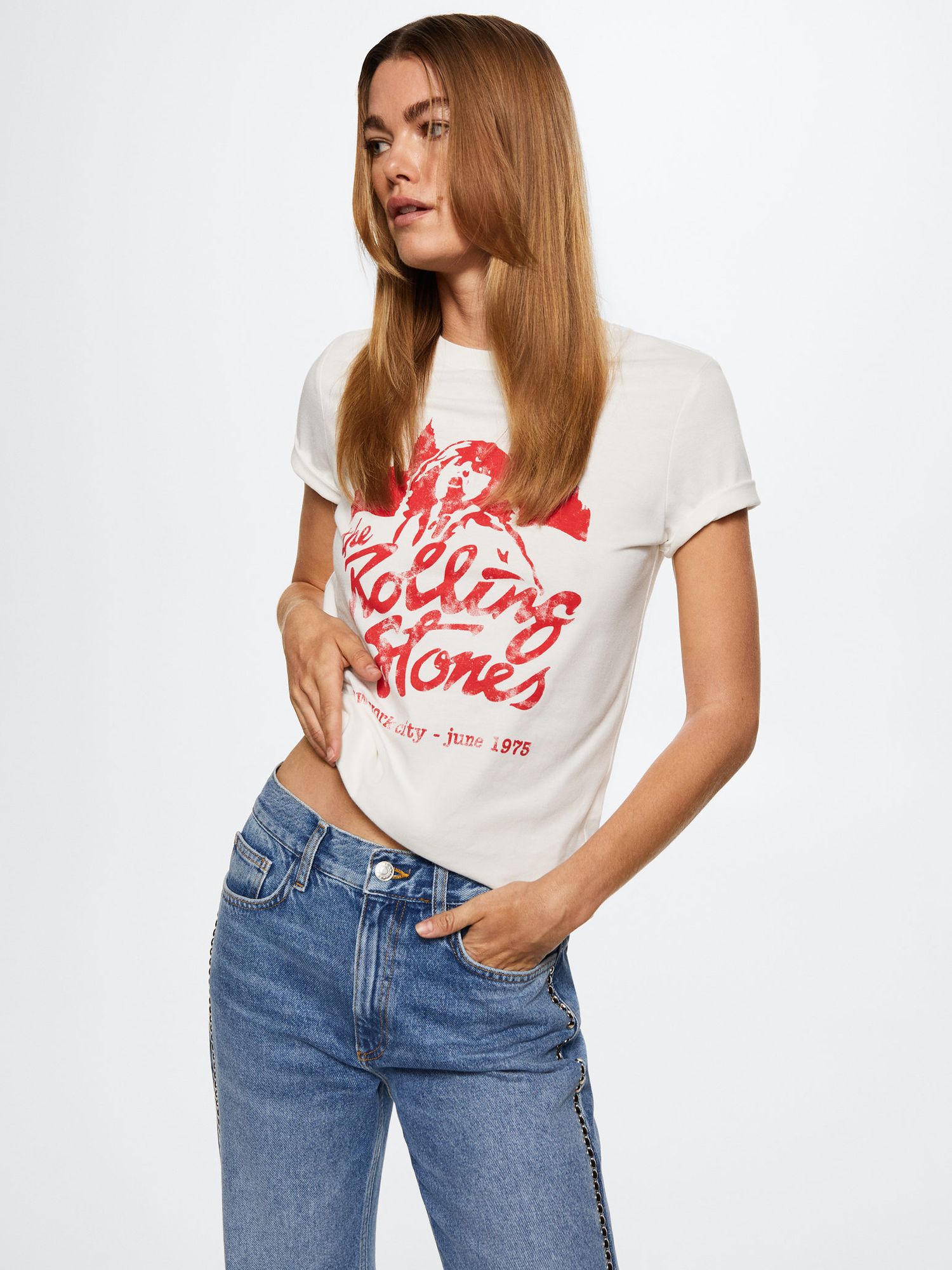Mango Rolling Stones T-Shirt, White/Red at John Lewis & Partners