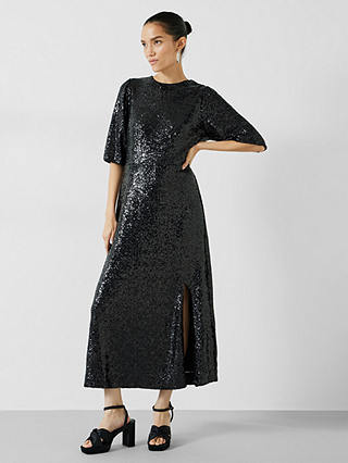 HUSH Mirabelle Sequin Midi Dress, Black