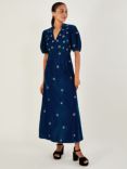 Monsoon Patrice Velvet Embroidered Tea Dress, Cobalt