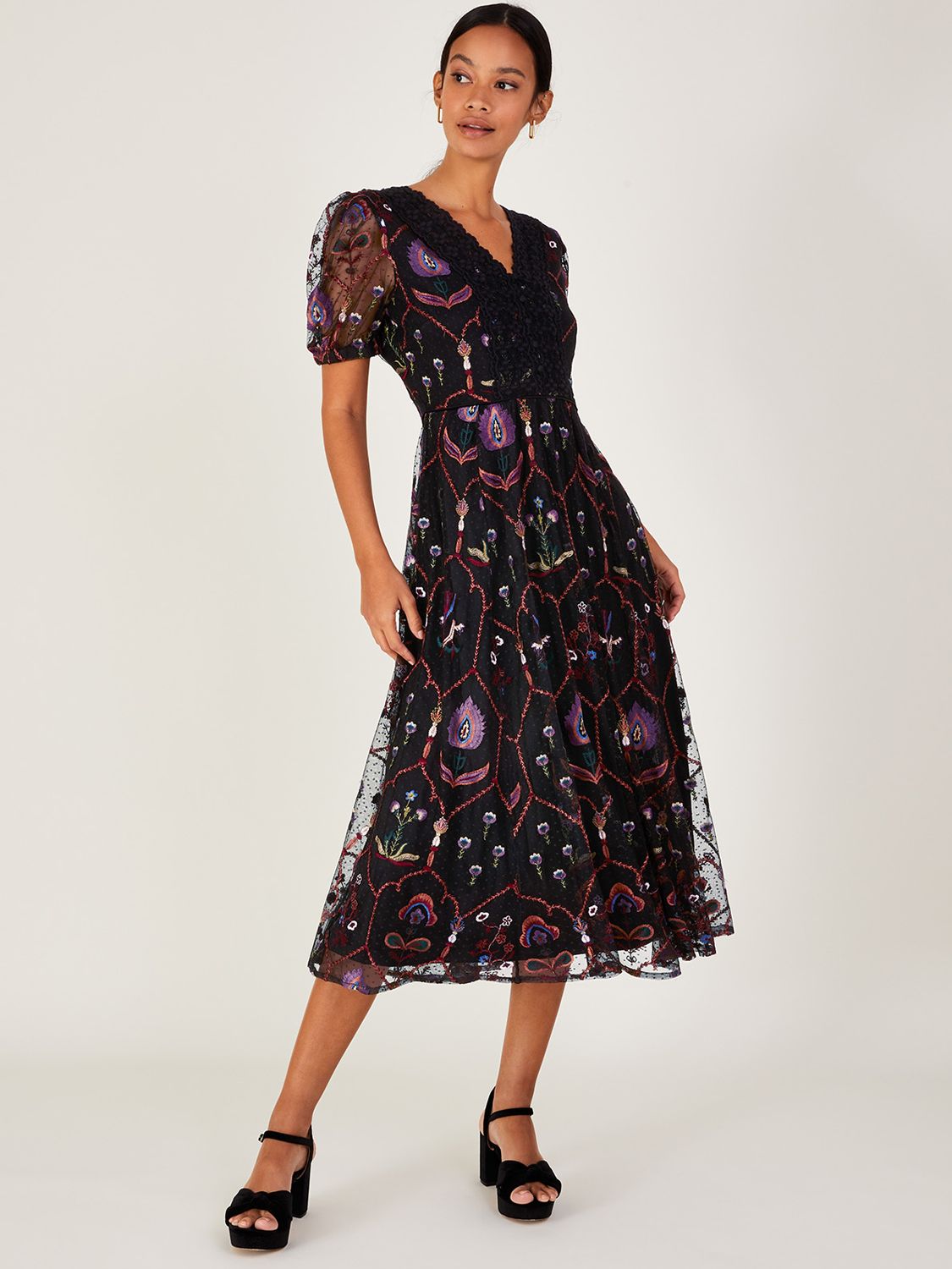 Monsoon Fenn Embroidered Midi Dress, Black at John Lewis & Partners