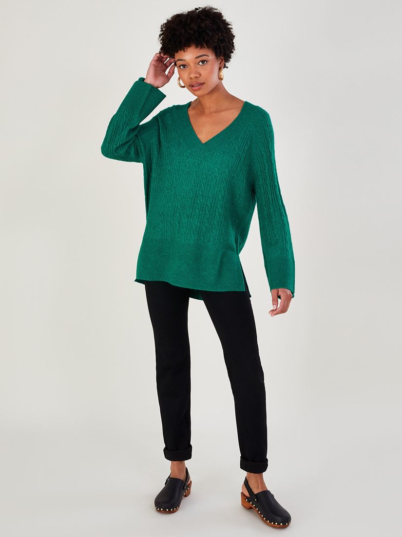 Monsoon Cable Knit V-Neck Jumper, Green at John Lewis & Partners