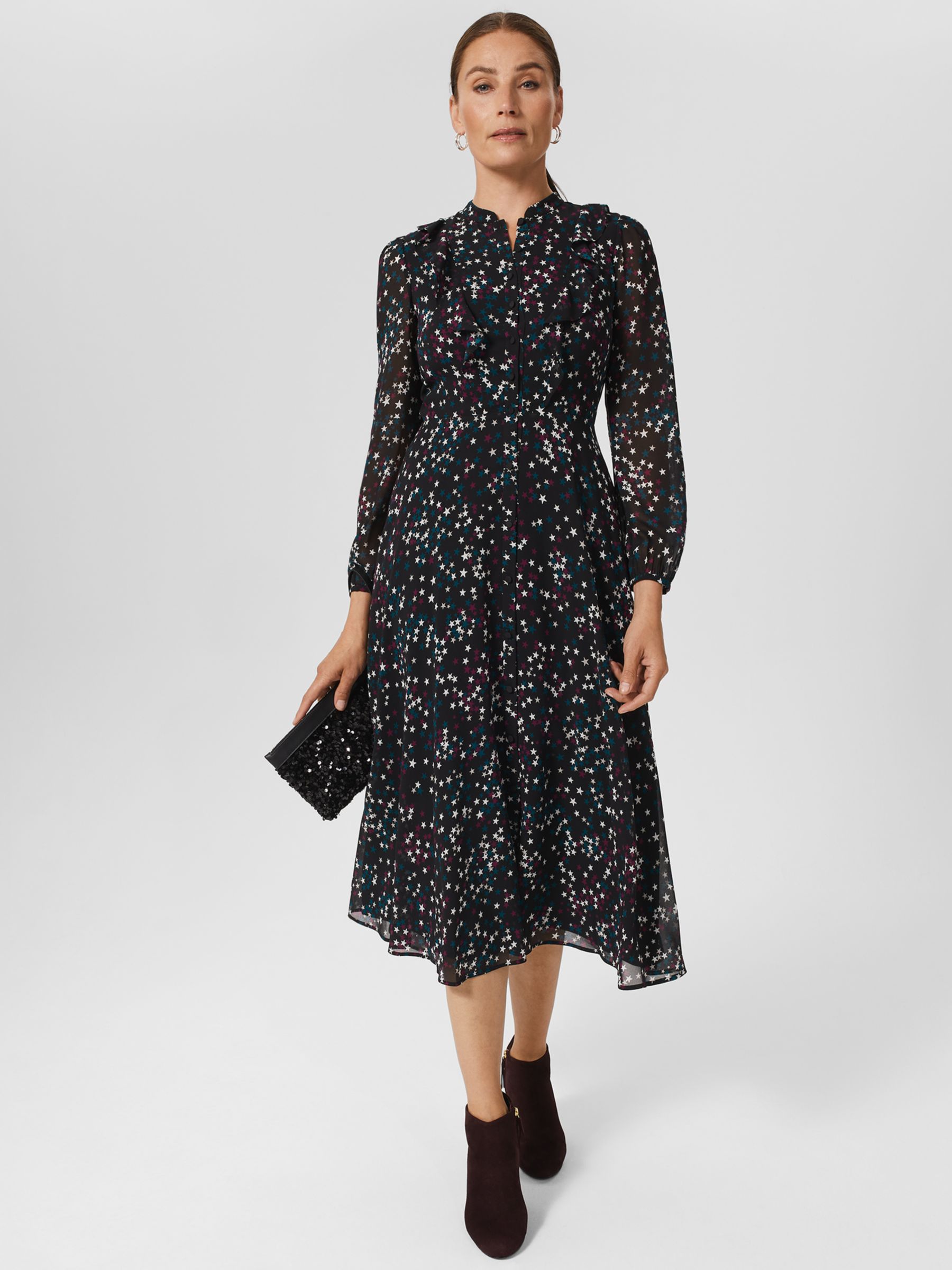 Hobbs Erin Star Print Midi Dress, Black/Multi at John Lewis & Partners
