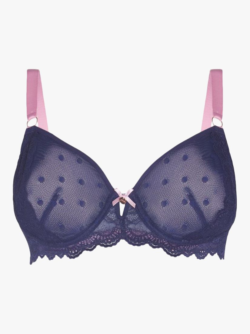 Oola Lingerie Spot Mesh and Lace Non Padded Full Cup Bra, Navy/Pink, 38DD