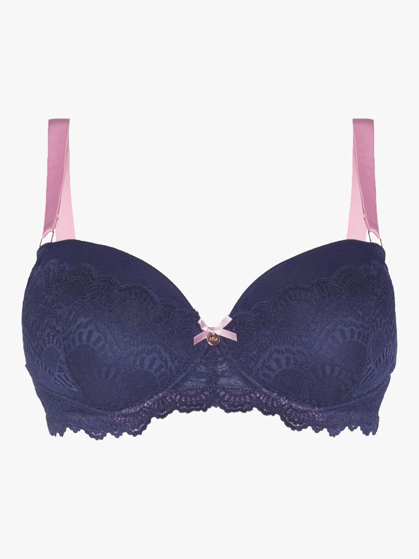 Oola Lingerie Spot Mesh and Lace Padded Balconette Bra, Navy/Pink