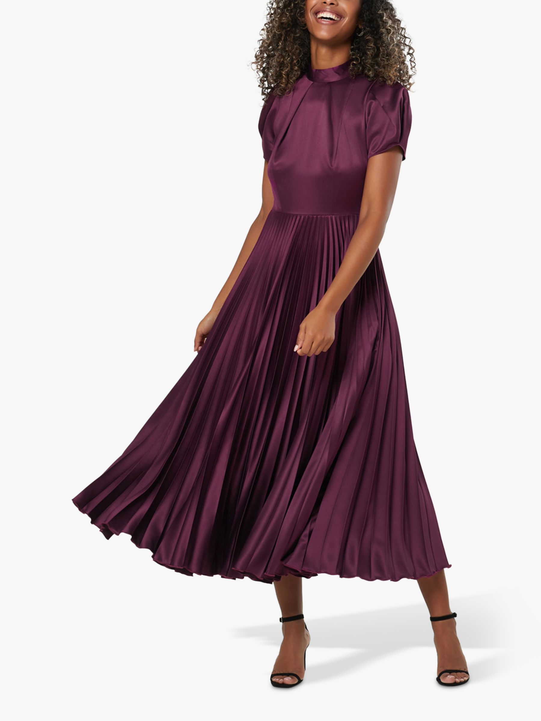 Closet London Pleated Short Sleeve Midi Dress, Burgundy, 8