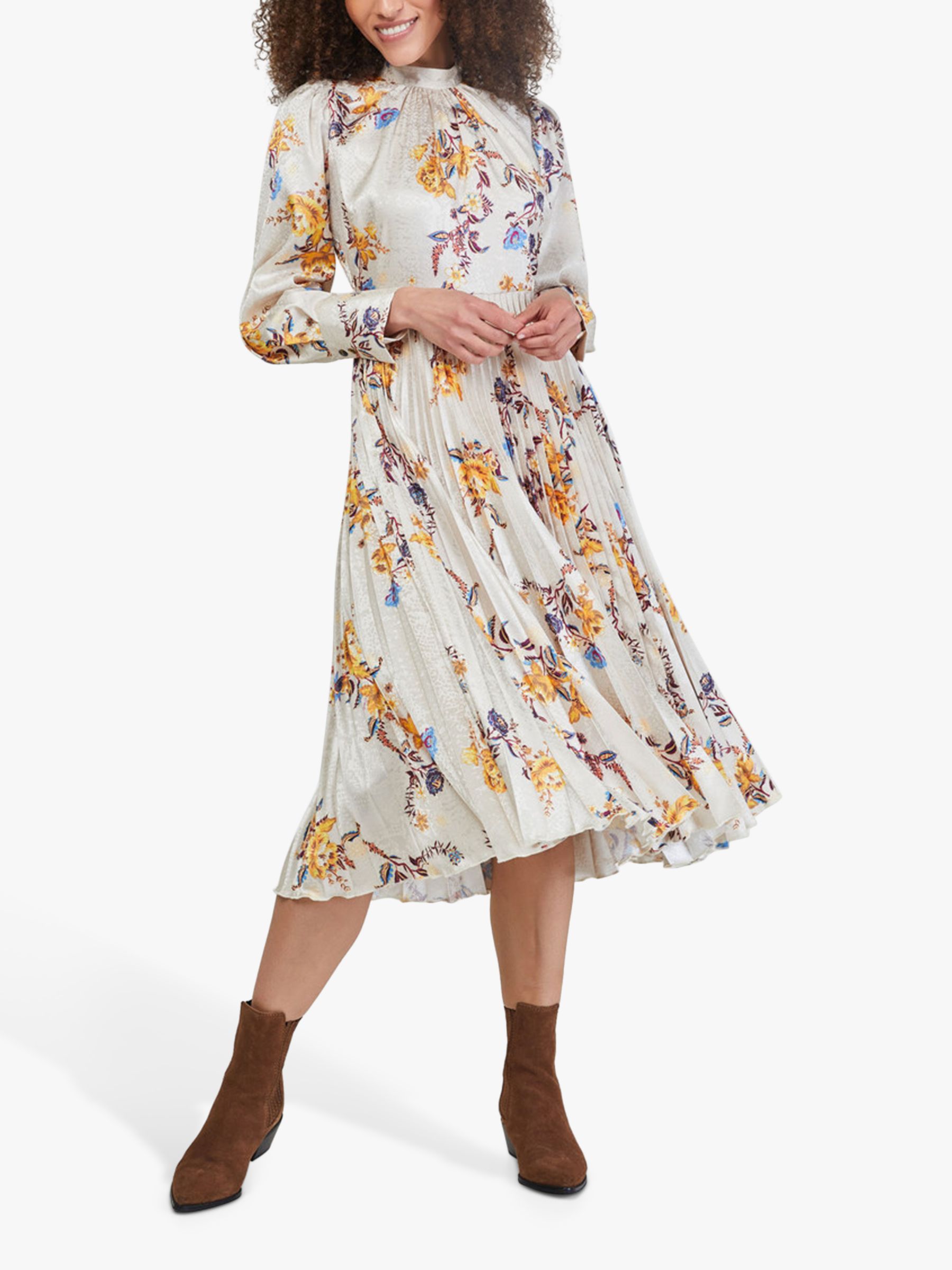 Closet London Floral Print Pleated Midi Dress, Cream, 8