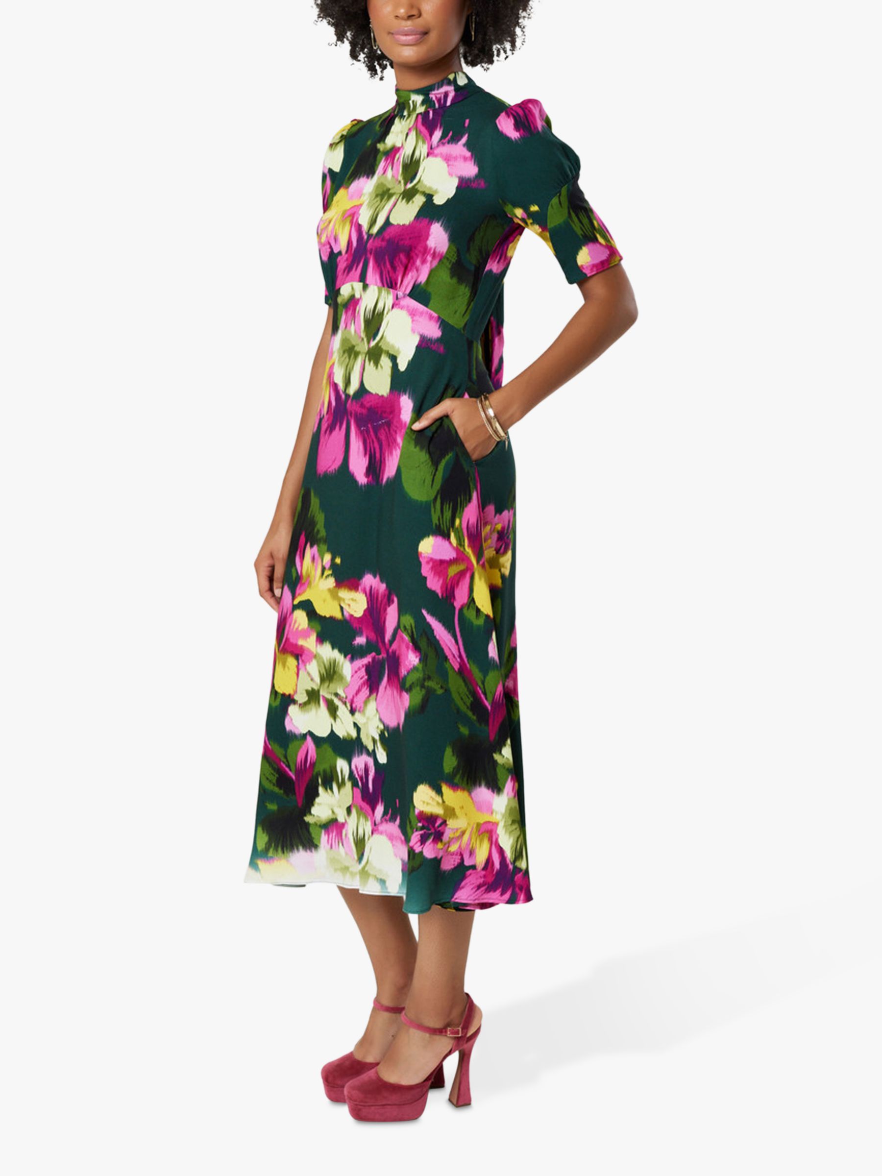 Closet London Tie Back Midi Floral Dress, Green/Multi, 8