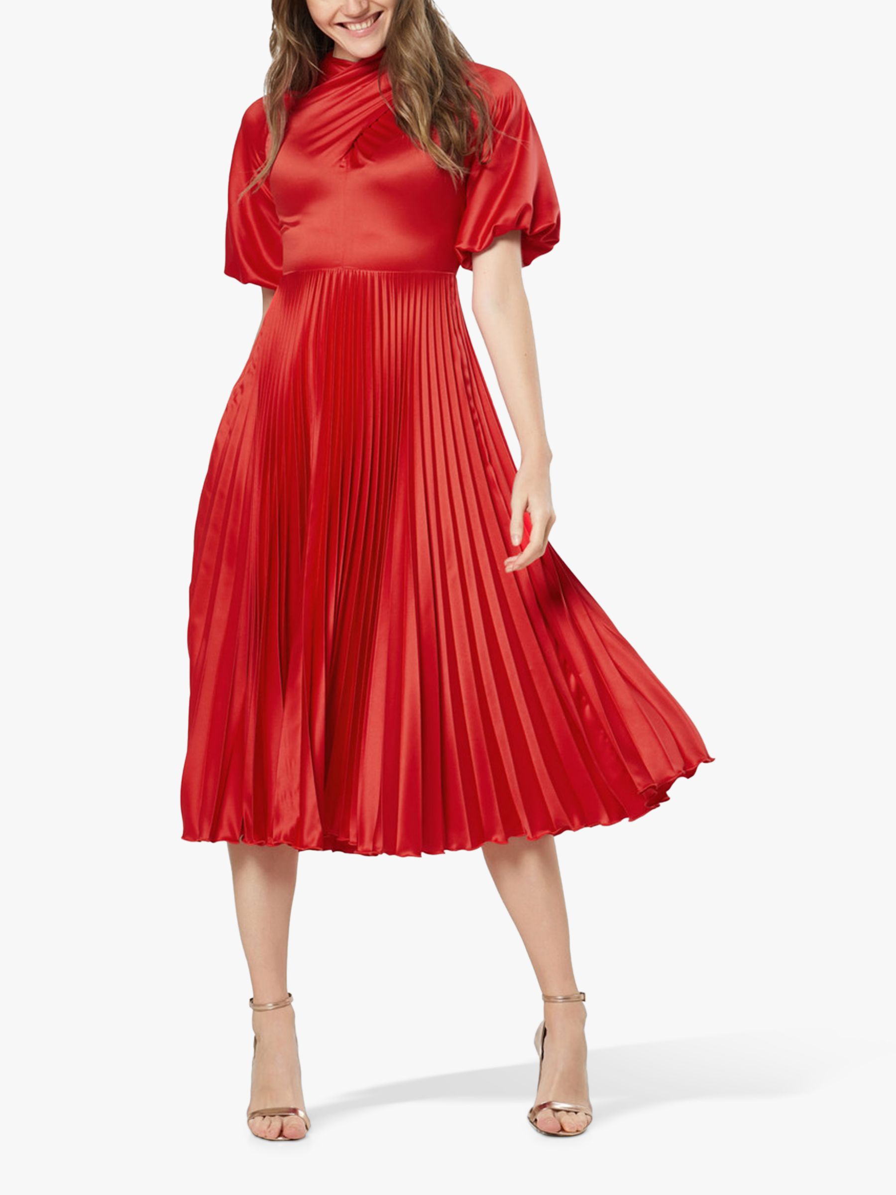 Closet London Puff Sleeve Pleated Midi Dress, Red