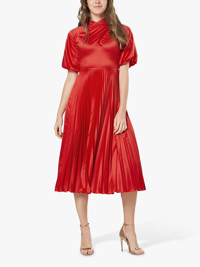 Closet London Puff Sleeve Pleated Midi Dress, Red
