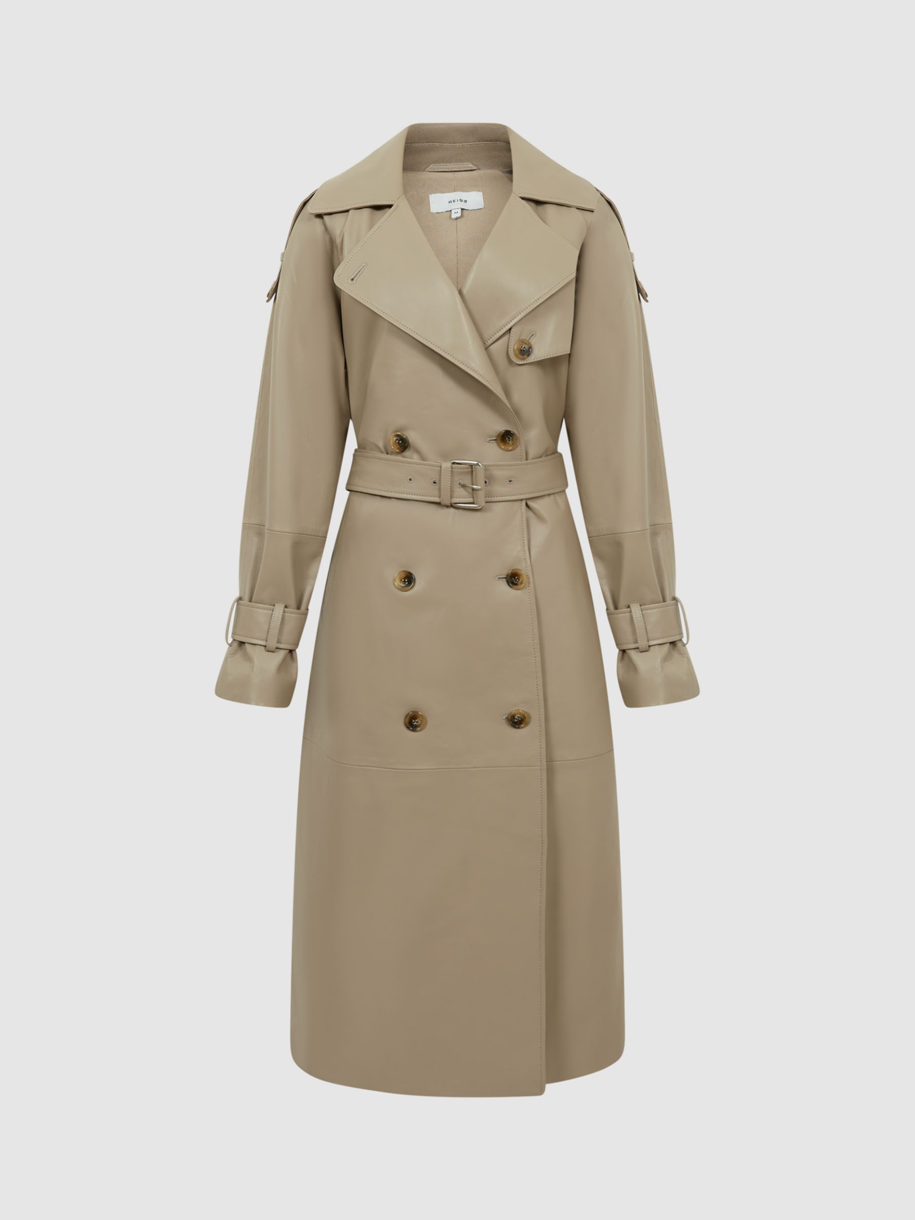 Reiss Maya Leather Trench Coat, Taupe at John Lewis & Partners