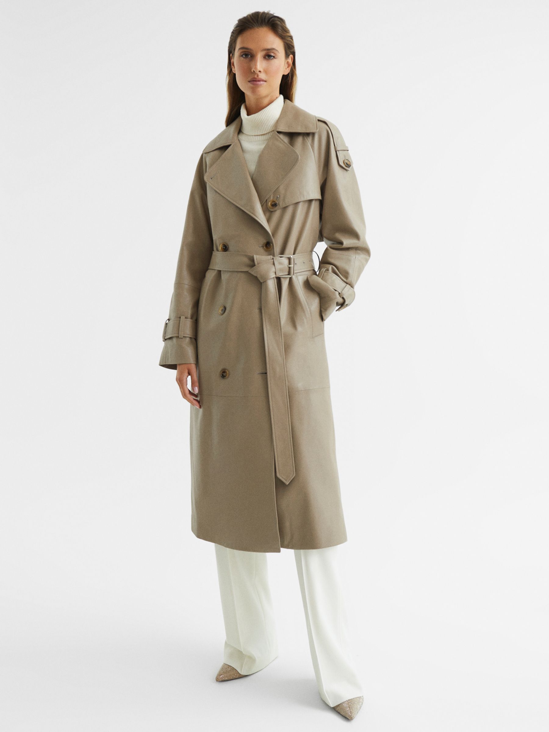 Reiss Maya Leather Trench Coat, Taupe at John Lewis & Partners