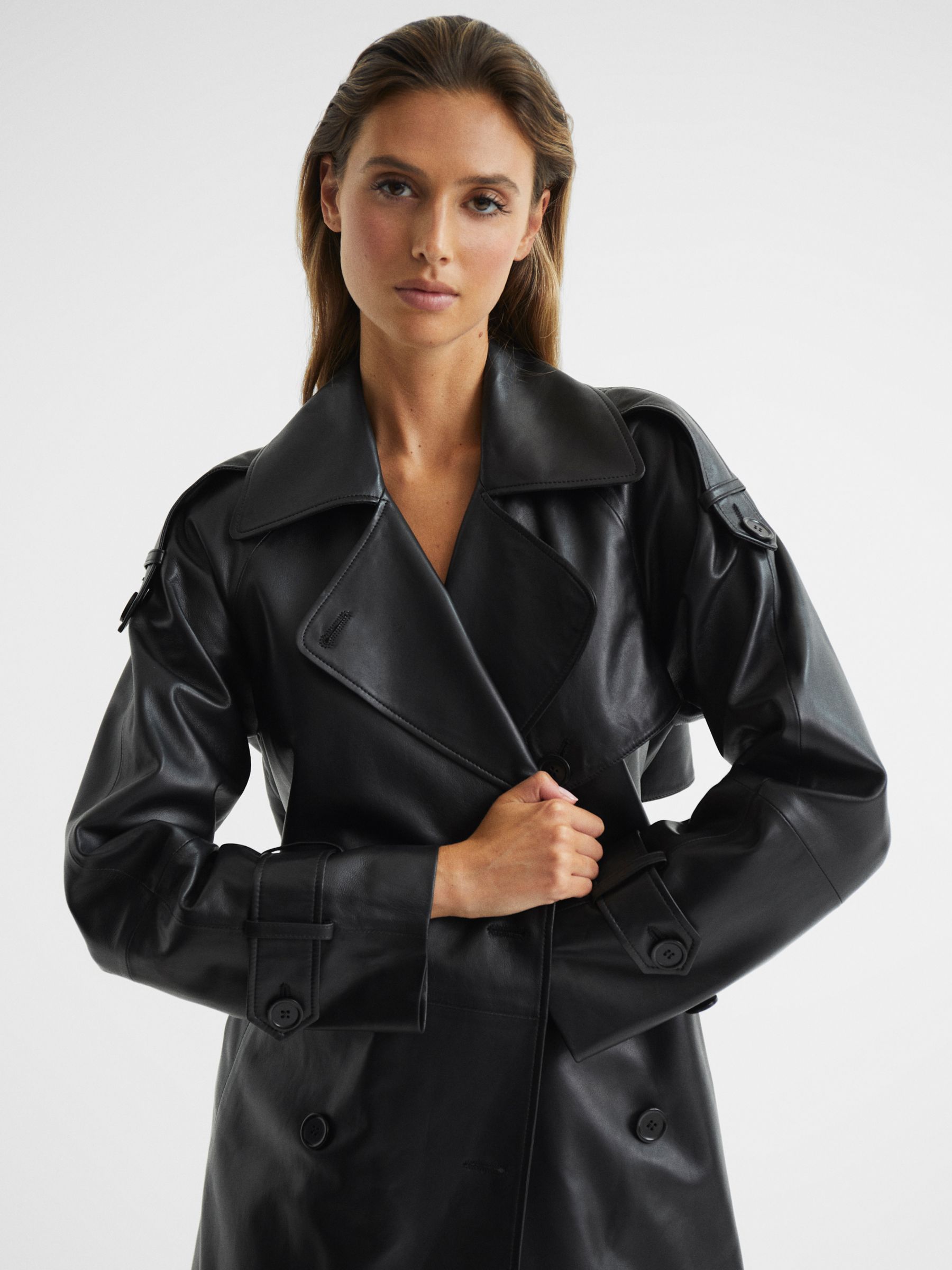 Reiss Maya Leather Trench Coat, Black at John Lewis & Partners