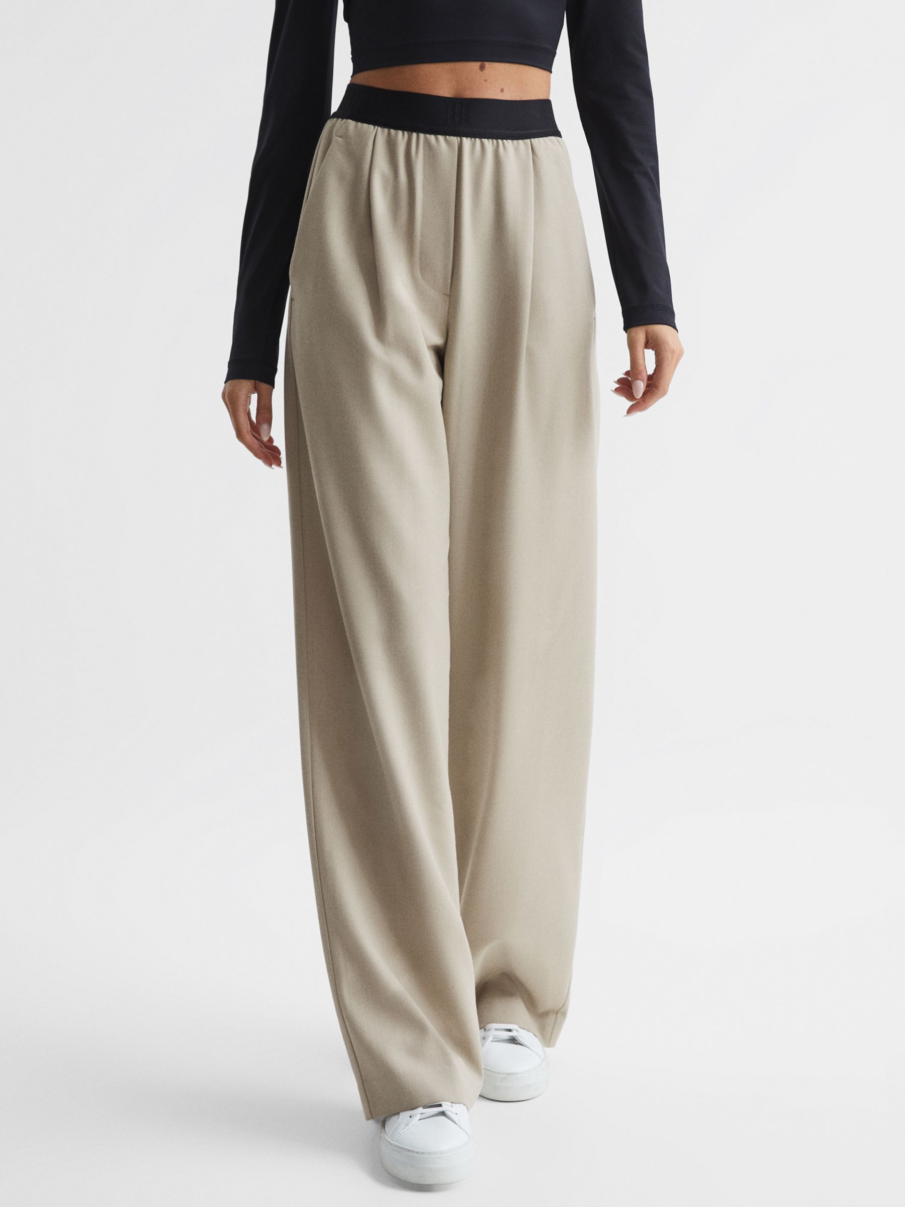 Reiss Lena Wool Blend Pull On Wide Leg Trousers, Stone at John Lewis ...