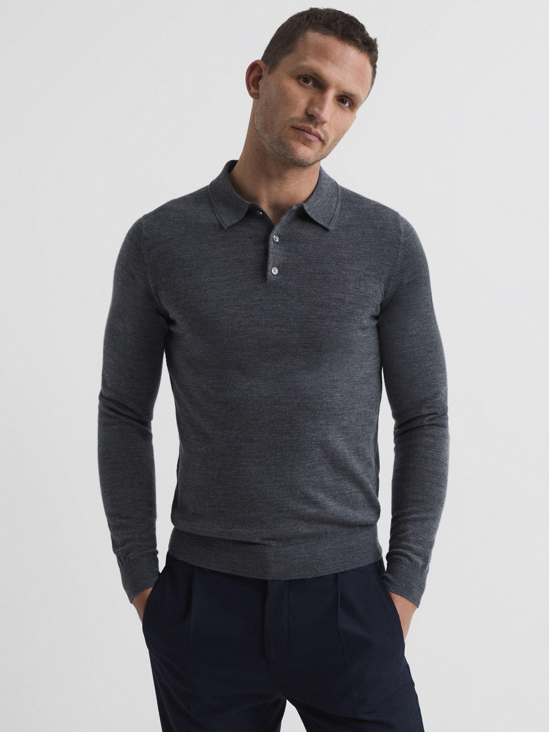 Reiss Mid Grey Wool Partners Lewis Knitted Trafford John Sleeve Long Melange at Top, & Polo