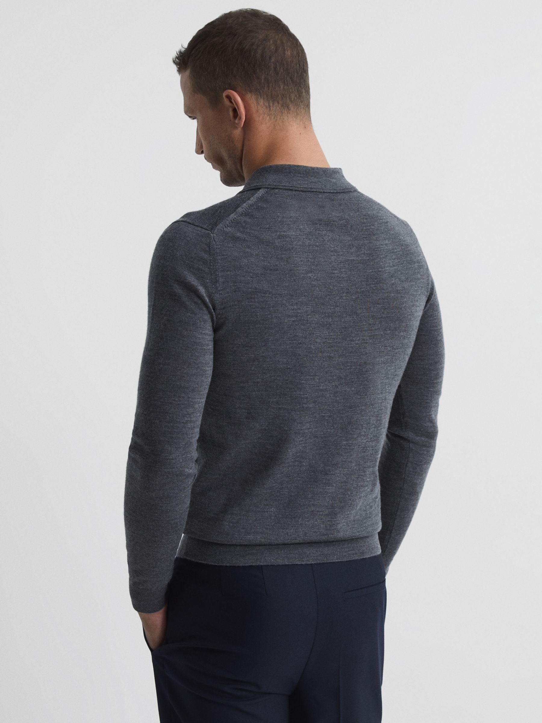 Reiss Trafford Knitted Wool Long Sleeve Polo Top, Mid Grey Melange, XS