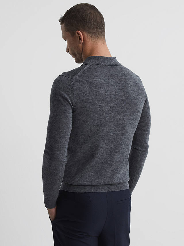 Reiss Trafford Knitted Wool Long Sleeve Polo Top, Mid Grey Melange
