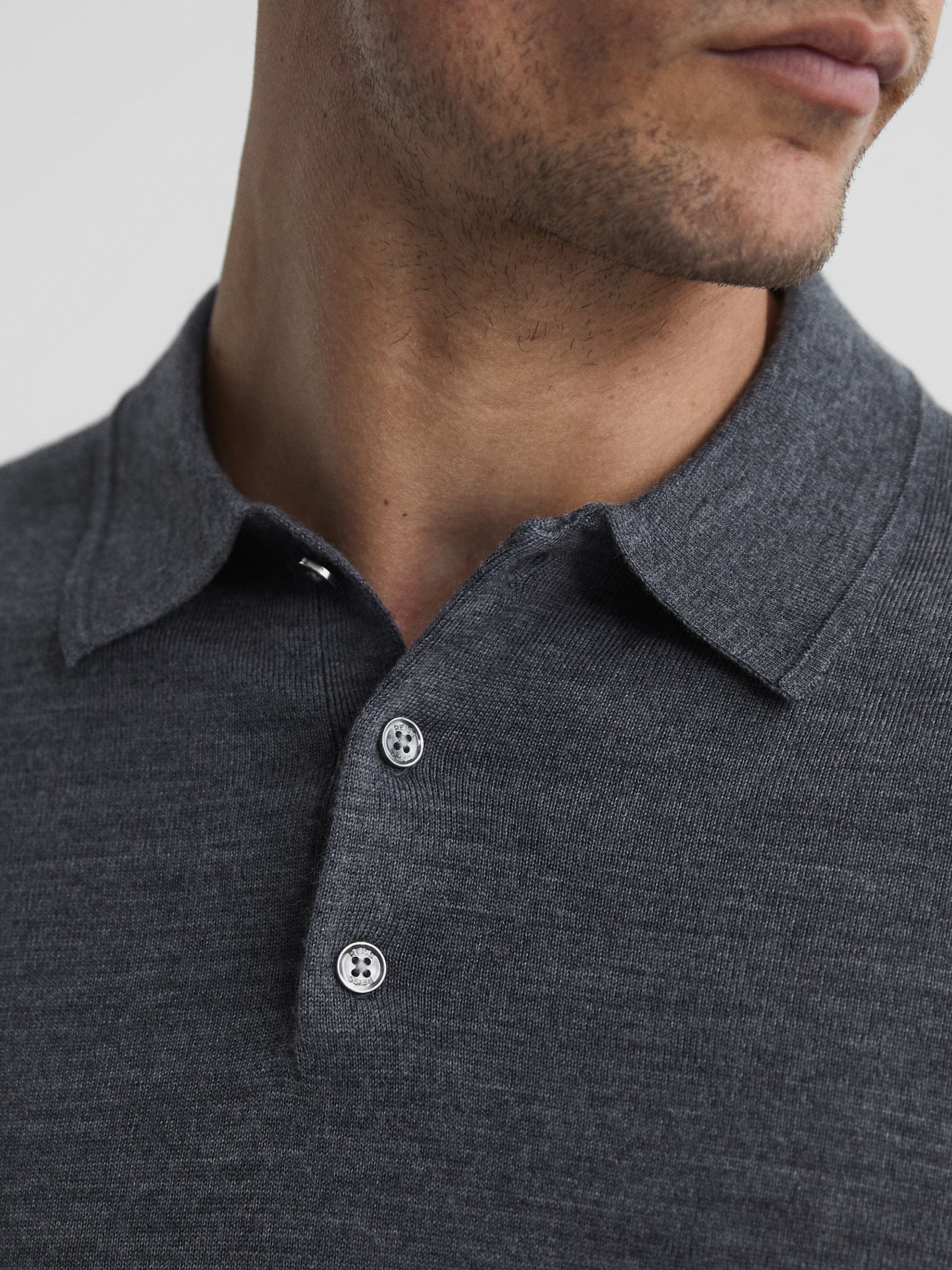 Wool Polo Sleeve Melange Lewis Partners & Reiss Knitted Trafford Grey Mid at Top, Long John