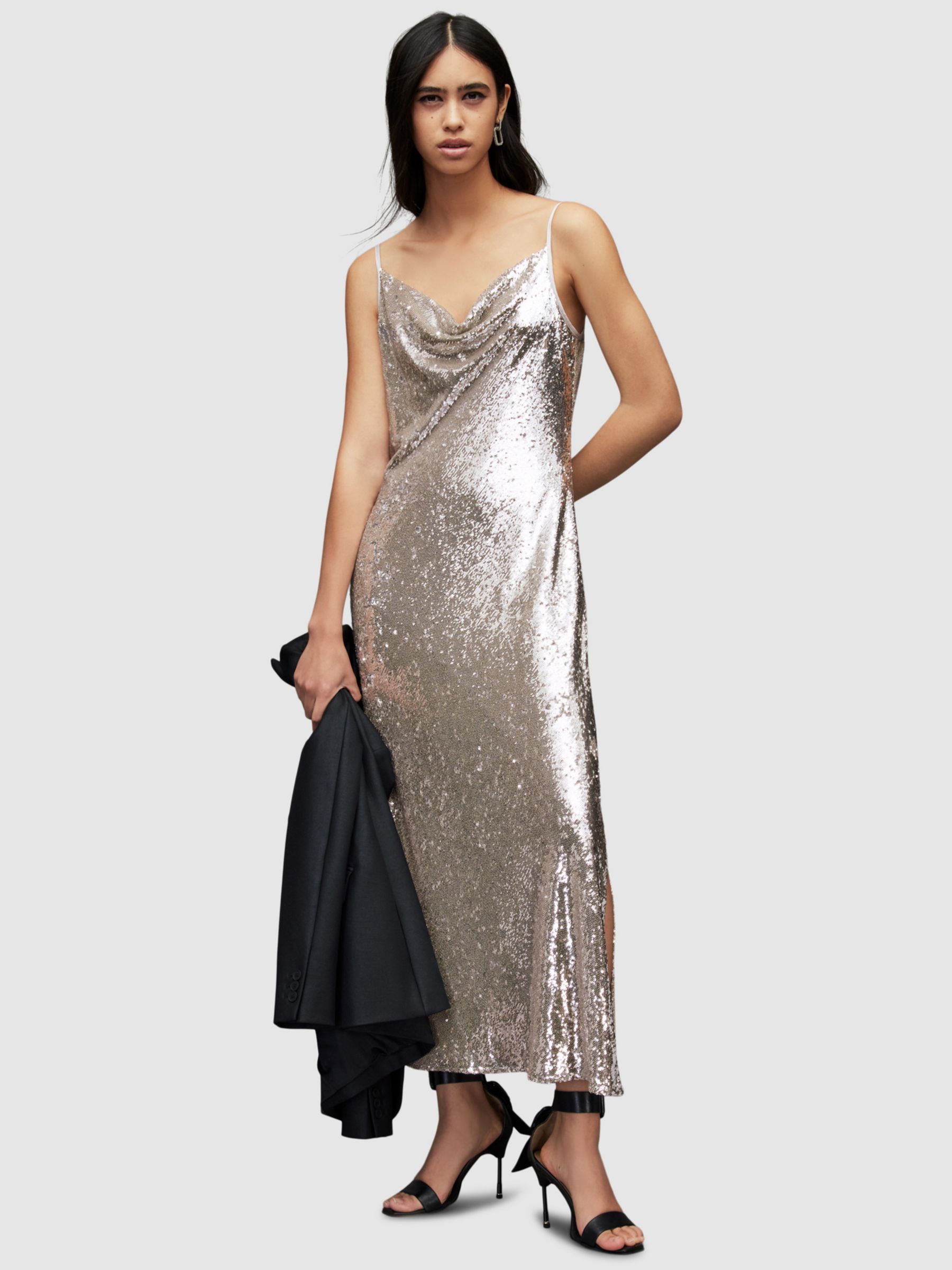 AllSaints Hadley Cowl Neck Sequin Midi Dress, Light Gold, 6