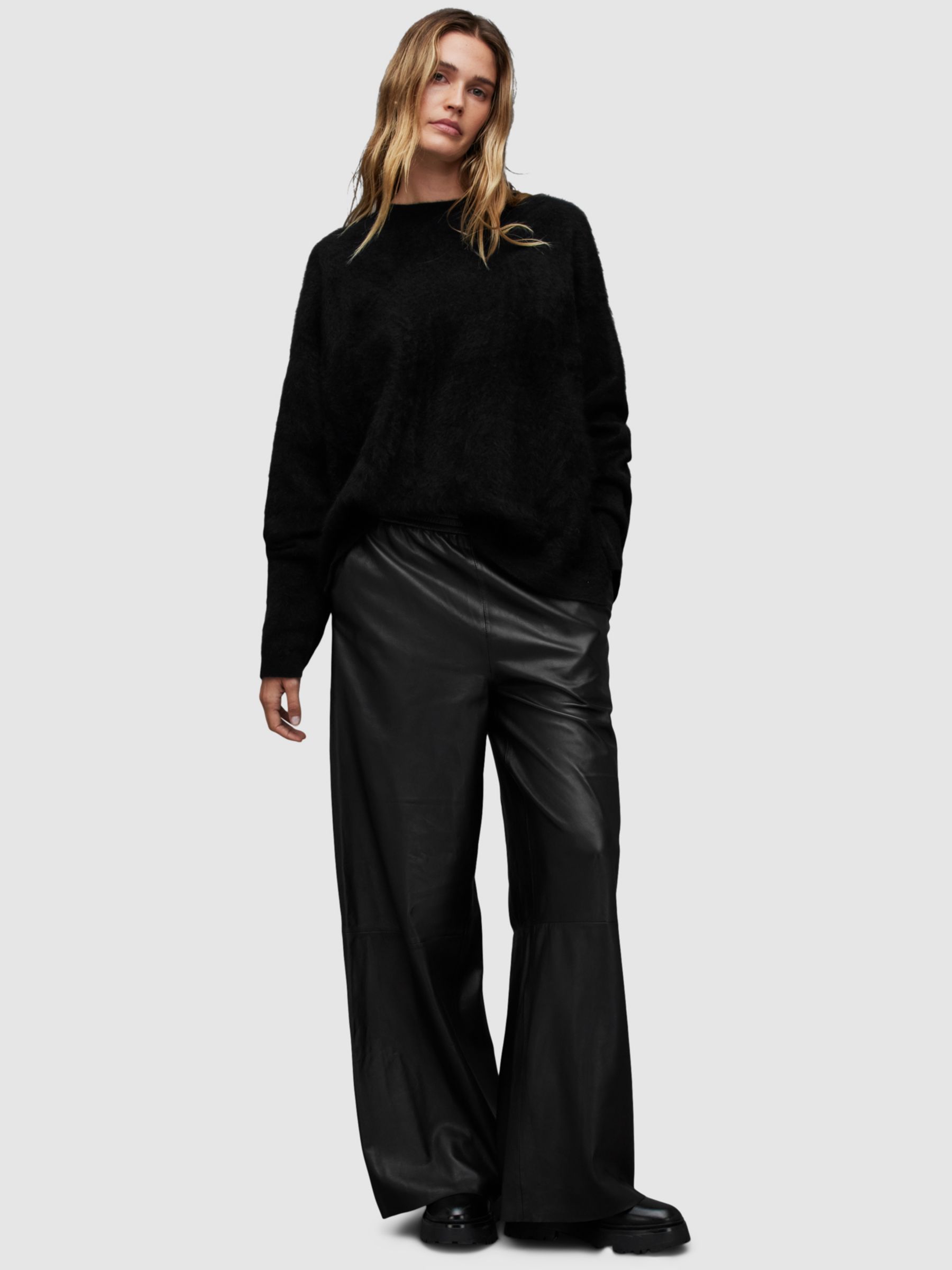 AllSaints Aspen Leather Trousers, Black at John Lewis & Partners