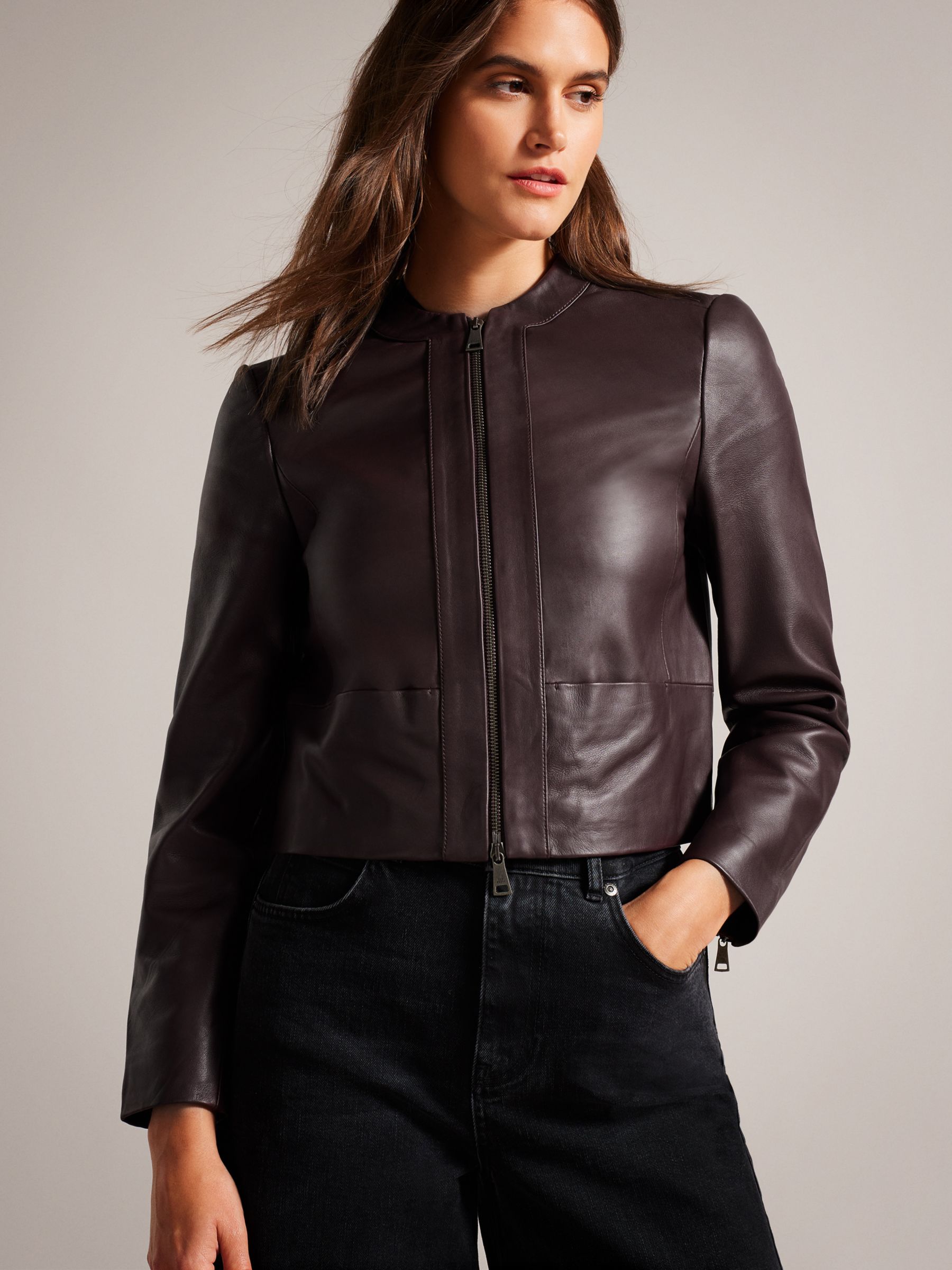 Ted Baker Clarya Fitted Panelled Leather Jacket, Deep Purple, 6