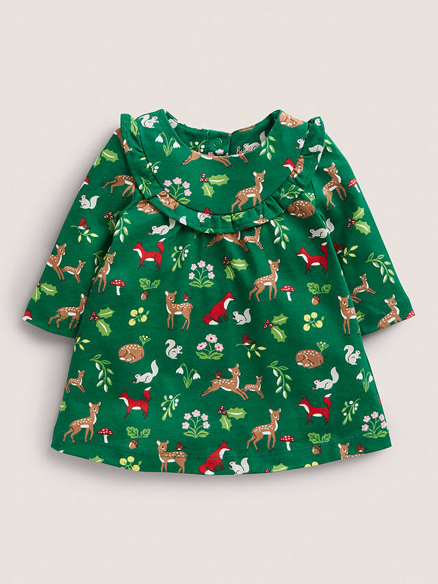 Mini Boden Baby Winter Woodland Print Long Sleeve Dress, Green