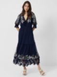 French Connection Ambre Cluster Floral Embellished Maxi Dress, Navy/Indigo