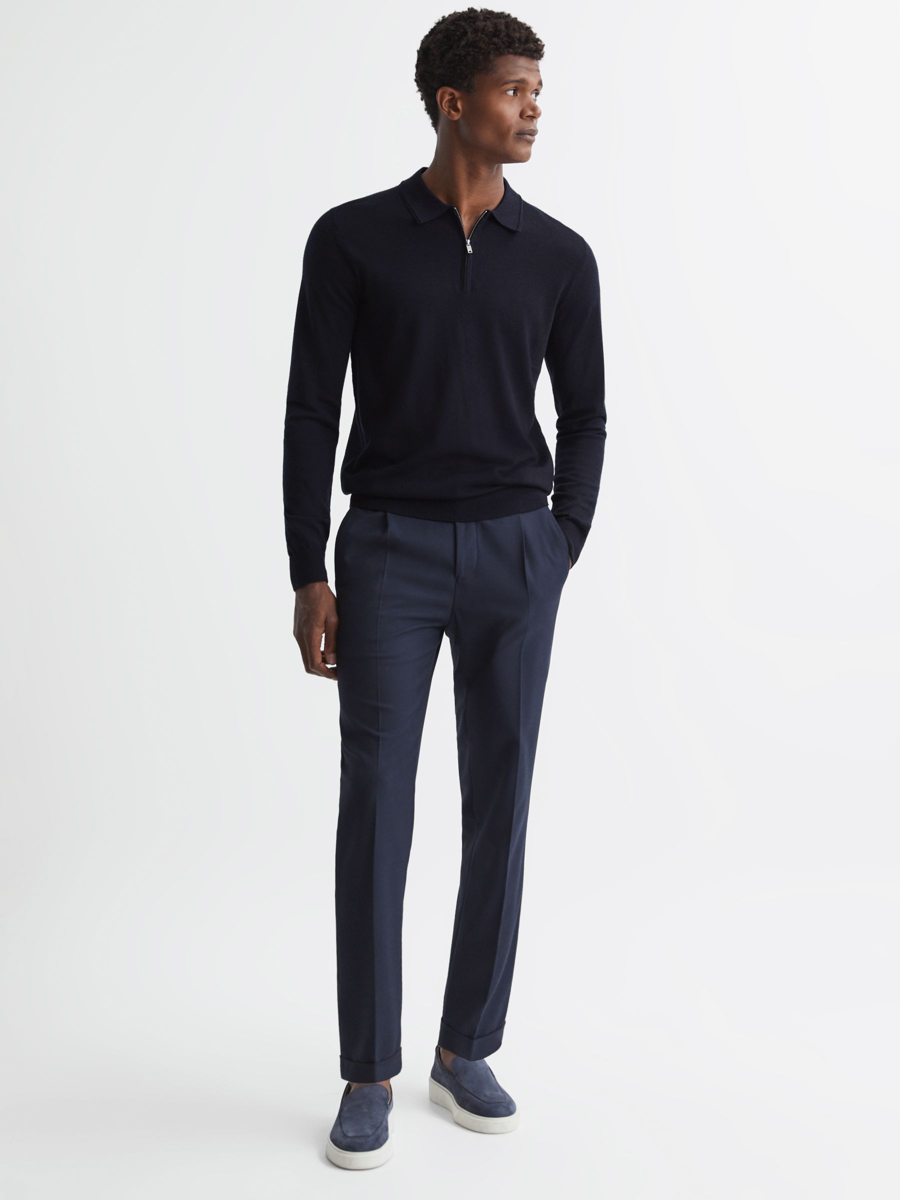 Reiss Robertson Knitted Long Sleeve Polo Top, Navy at John Lewis & Partners