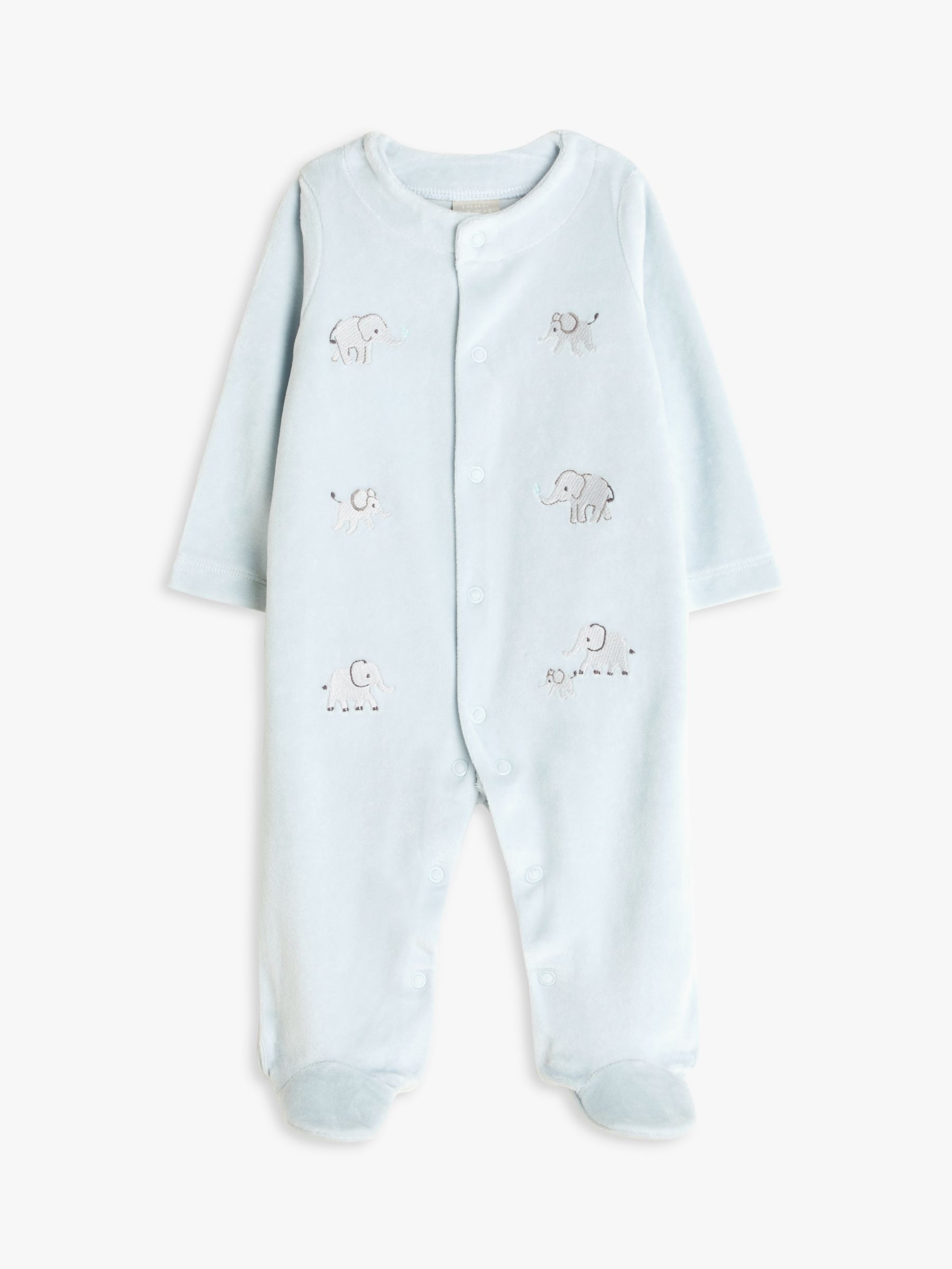 John Lewis Baby Elephant Velour Sleepsuit, Blue, Tiny Baby