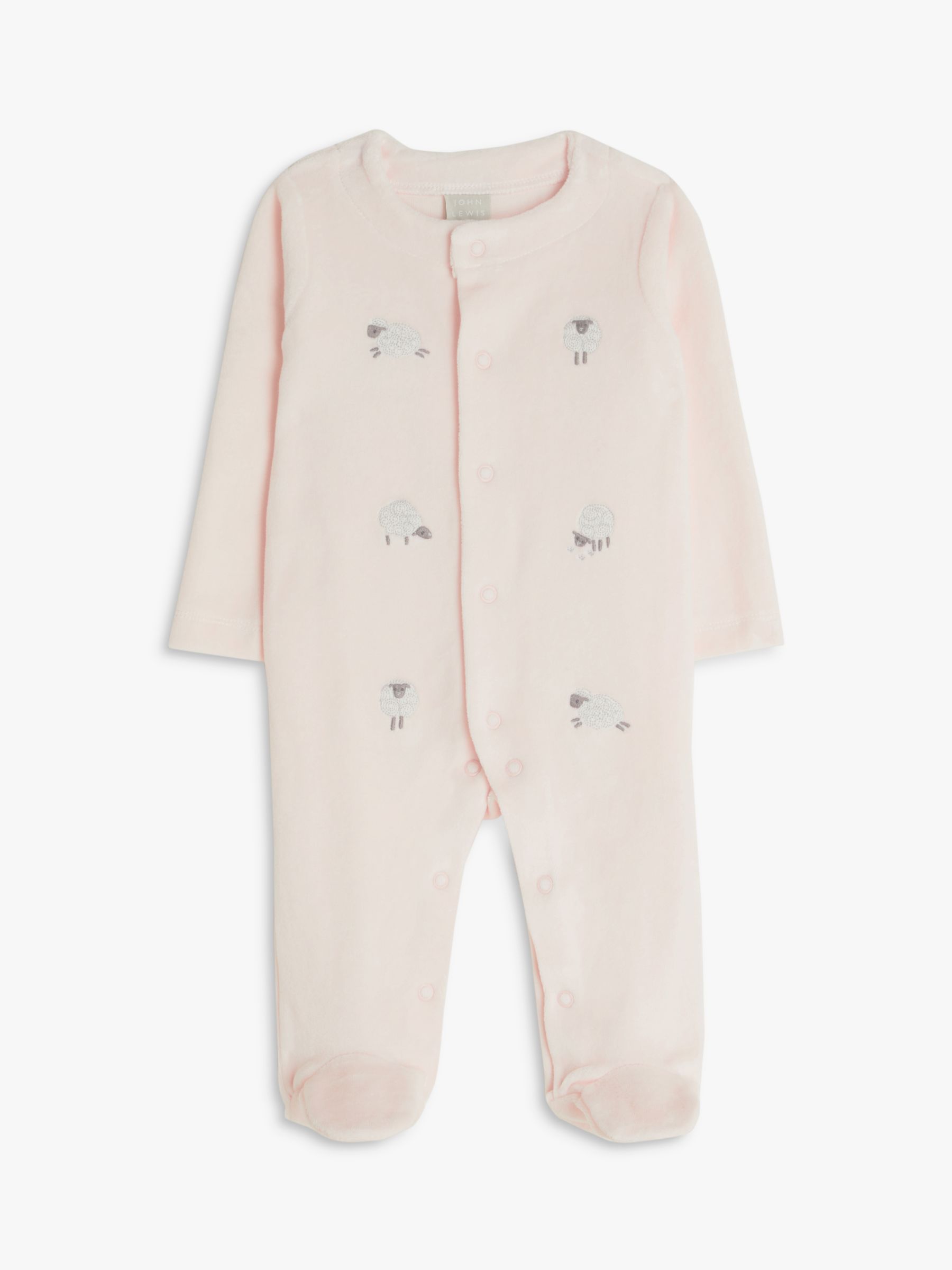 John Lewis Baby Sheep Velour Sleepsuit, Pink at John Lewis & Partners