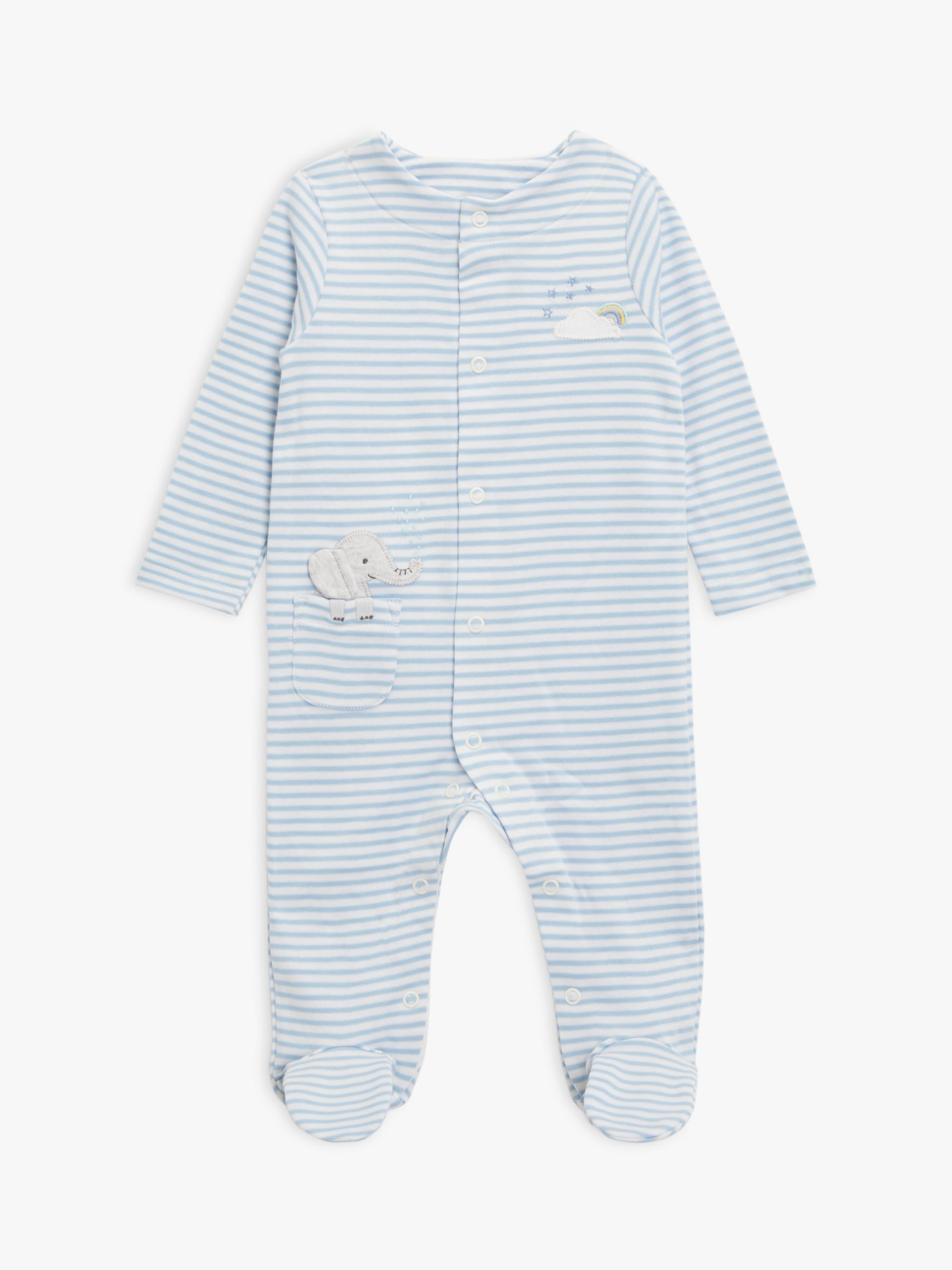 John Lewis Baby Elephant Stripe Sleepsuit, Blue/Multi, Tiny Baby